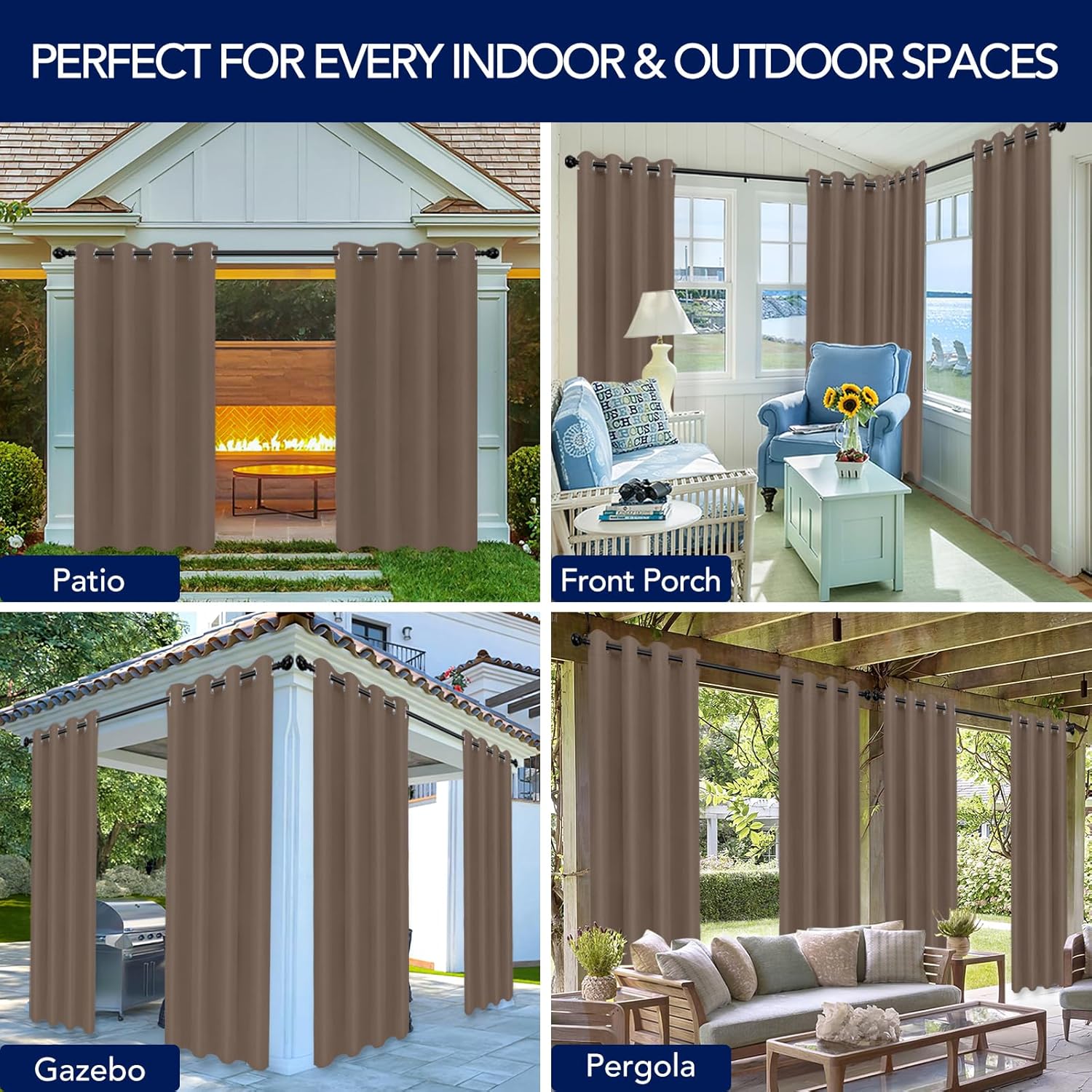 PureFit Outdoor Curtains for Patio Waterproof Weatherproof, UV Resistant Outside Curtains for Gazebo, Front Porch, Pergola, Sun Blocking Privacy Curtain, 52 x 84 inch, 1 Panel, Camel