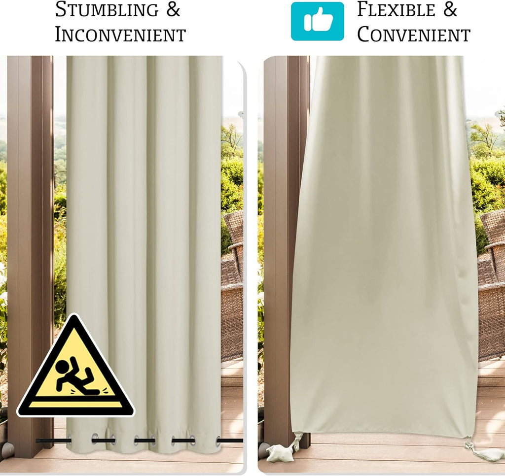 RYB HOME Outdoor Curtains for Patio Windproof with Weighted Bags, 2 Panels Waterproof Blackout Draperies Weather Resist Noise Reducing for Outside Living, W 52 x L 108 inch, Natural
