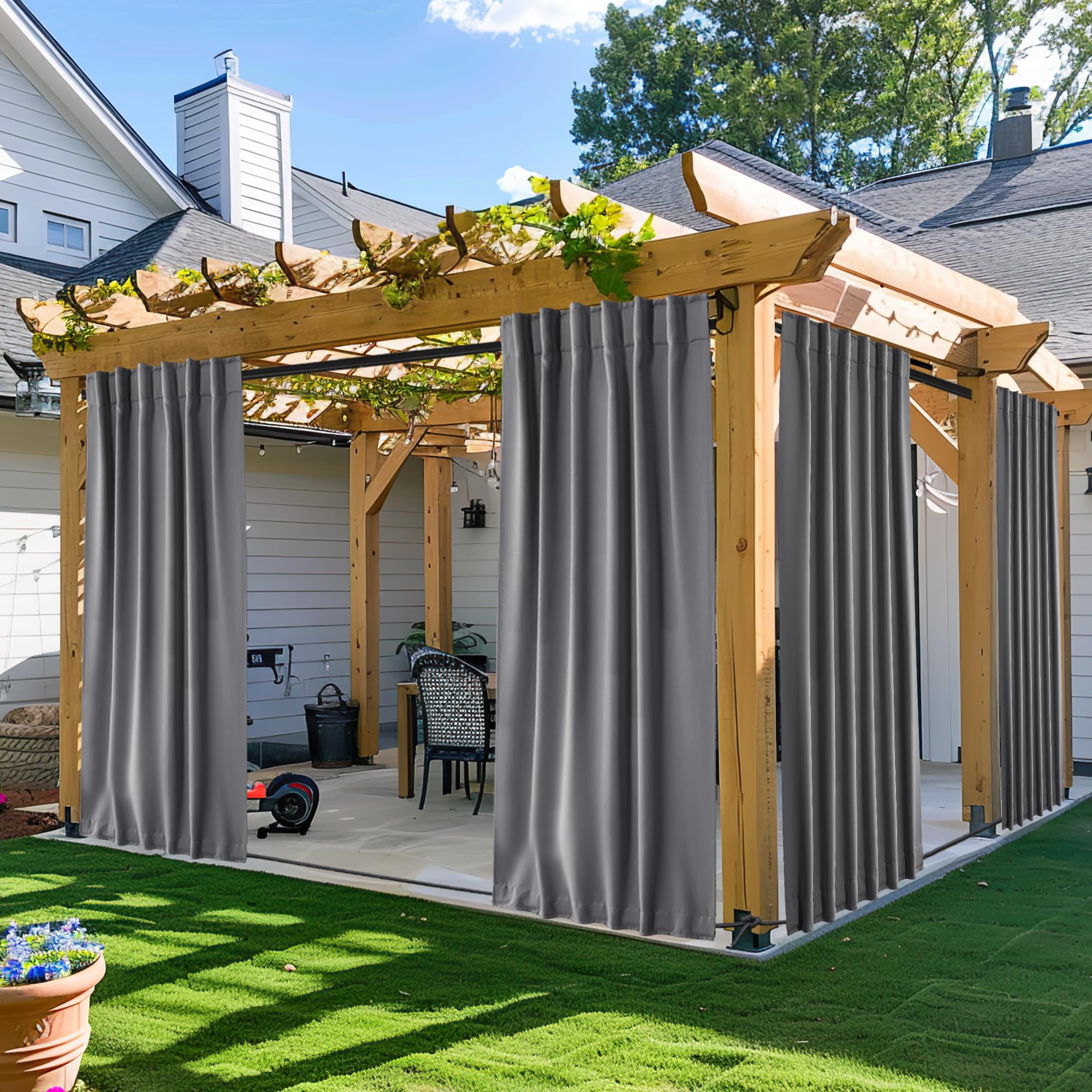 NICETOWN 2 Panels Outdoor Curtains Waterproof Pocket & Back Tab on Top & Bottom, Thermal Insulated Windproof Sun Blocking Outside Privacy Drapes for Patio with Fixed Rope, W84 x L84, Natural