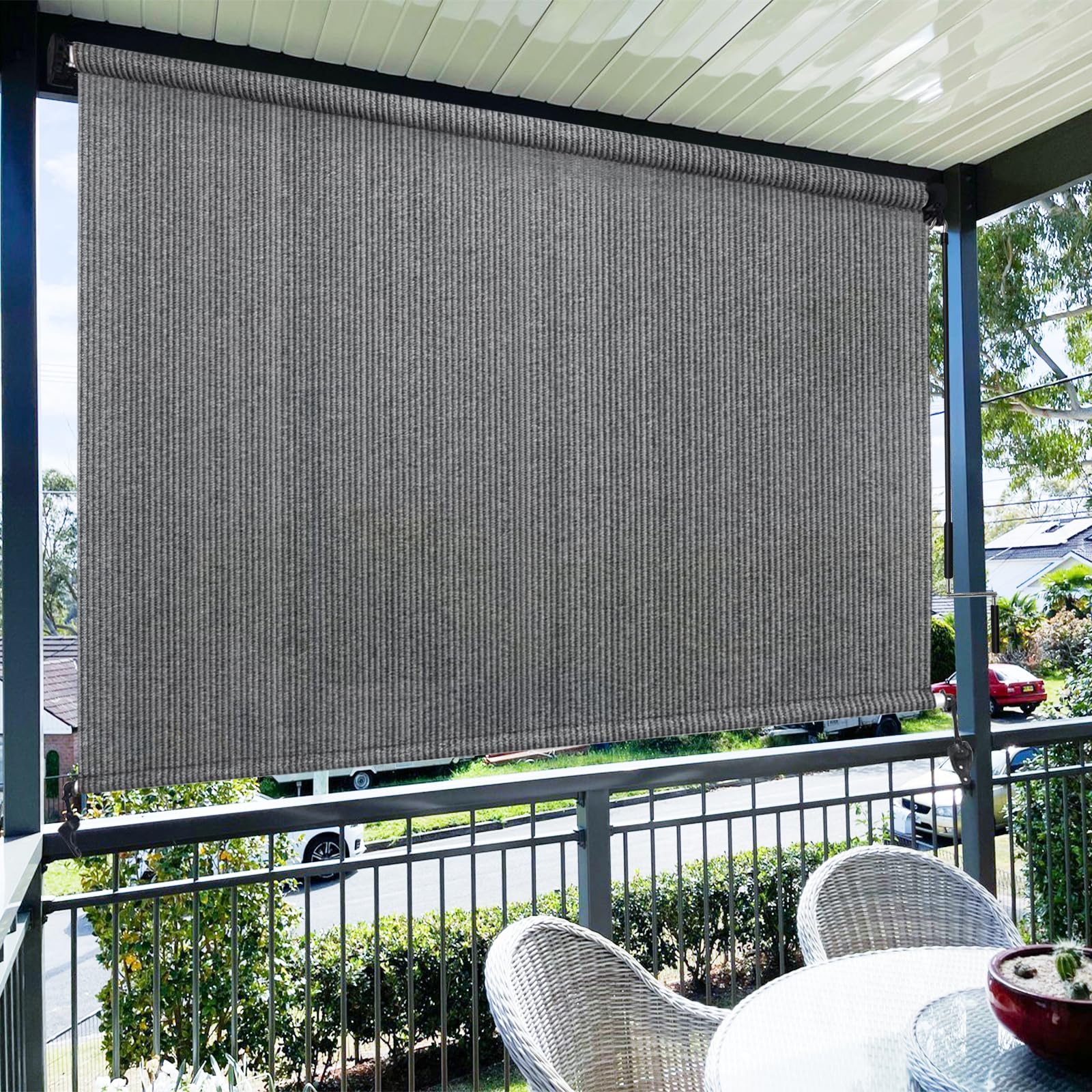 Amagenix Outdoor Roller Shades 10'(W) X 8'(H), Exterior Cordless Patio Shades Roll Up Outdoor Blinds with Spliced Poles Design, 90% UV Protection for Porch Gazebo Pergola, Grey