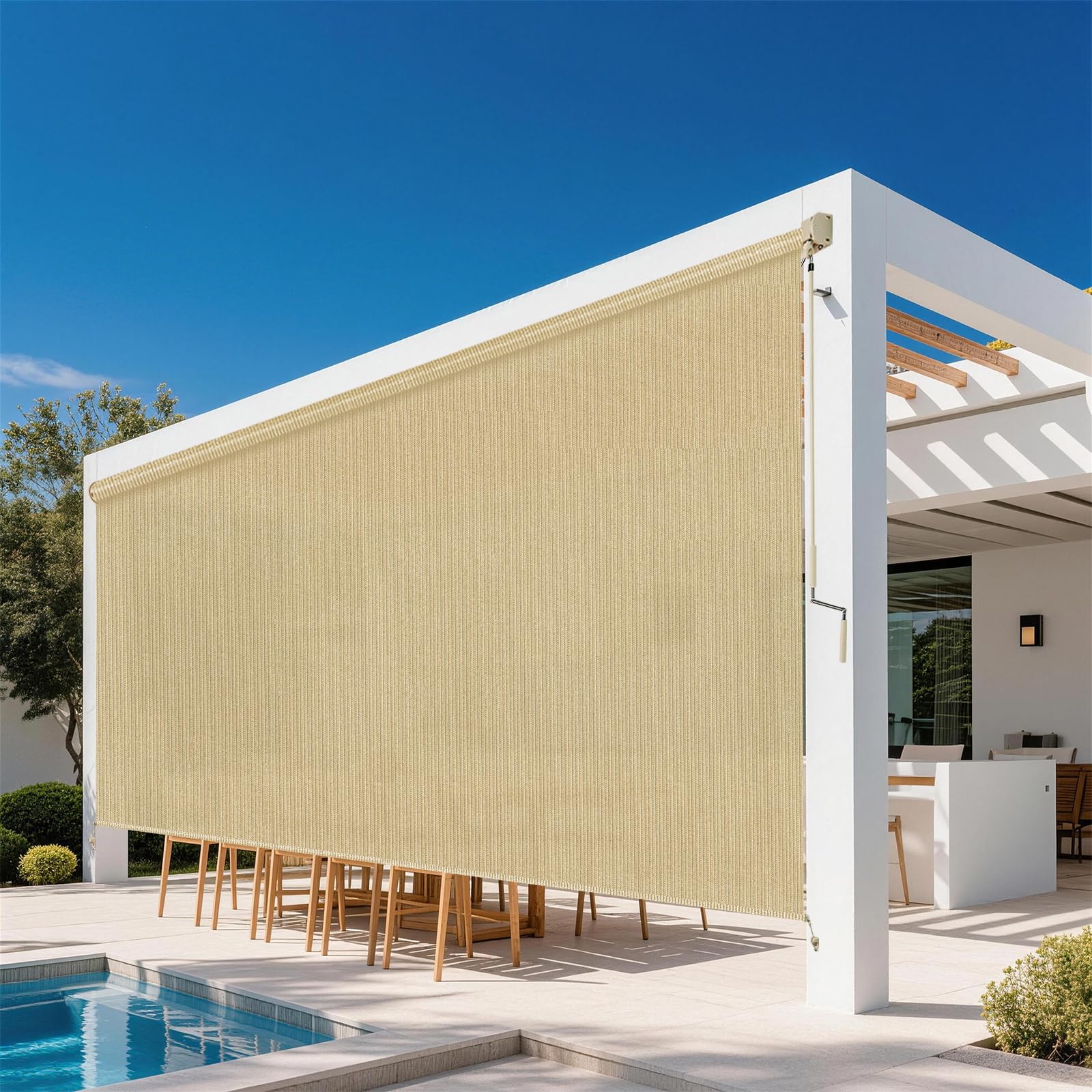 Grey Outdoor Roller Shades 8' W x 8' H, Exterior Cordless Patio Shade Roll up-Down Blinds Spliced Design (Fixed 2 Poles, One-Full Piece Fabric Sunshade)