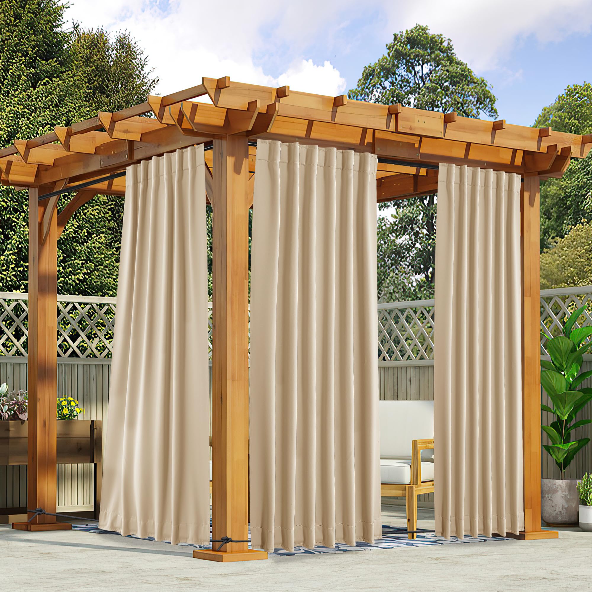 NICETOWN 2 Panels Outdoor Curtains Waterproof Pocket & Back Tab on Top & Bottom, Thermal Insulated Windproof Sun Blocking Outside Privacy Drapes for Patio with Fixed Rope, W84 x L84, Natural