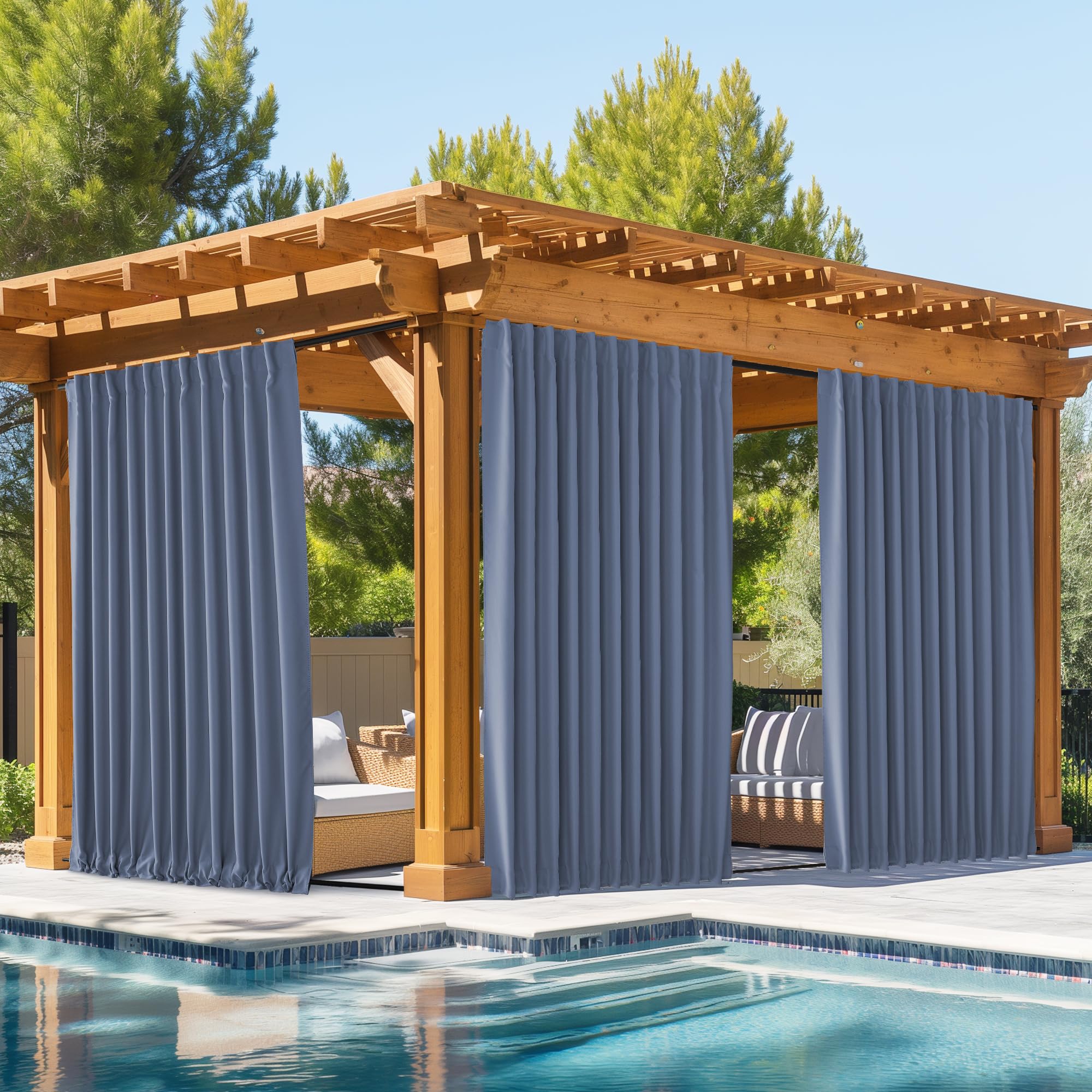 NICETOWN 2 Panels Outdoor Curtains Waterproof Pocket & Back Tab on Top & Bottom, Thermal Insulated Windproof Sun Blocking Outside Privacy Drapes for Patio with Fixed Rope, W84 x L84, Natural