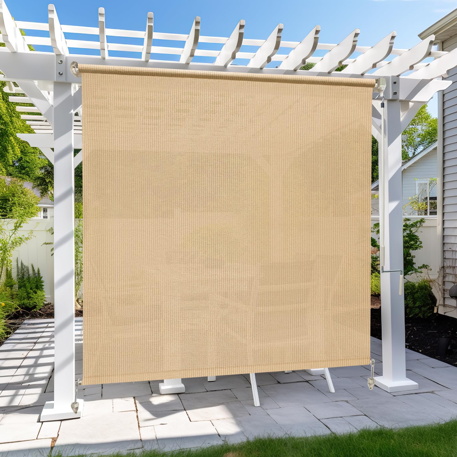 KANAGAWA Outdoor Roller Shade 8'X8' Mocha Exterior Cordless Patio Roll Up Shades for Outside Pergola Porch, Outdoor Blinds for Patio