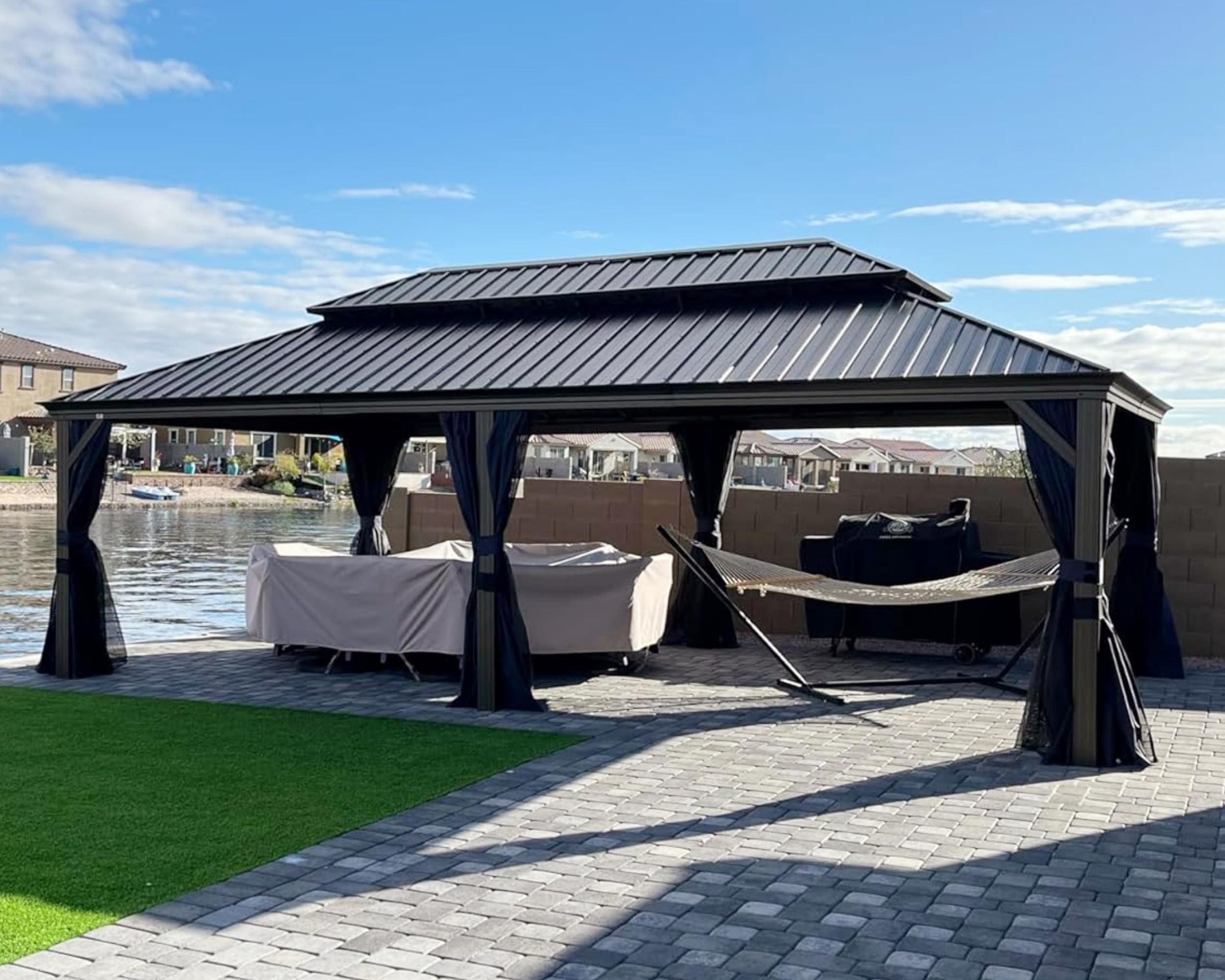 PURPLE LEAF 10' X 12' Hardtop Gazebo Canopy with Netting and Curtains for Outdoor Deck Backyard Heavy Duty Sunshade Outside Metal Patio Permanent Pavilion