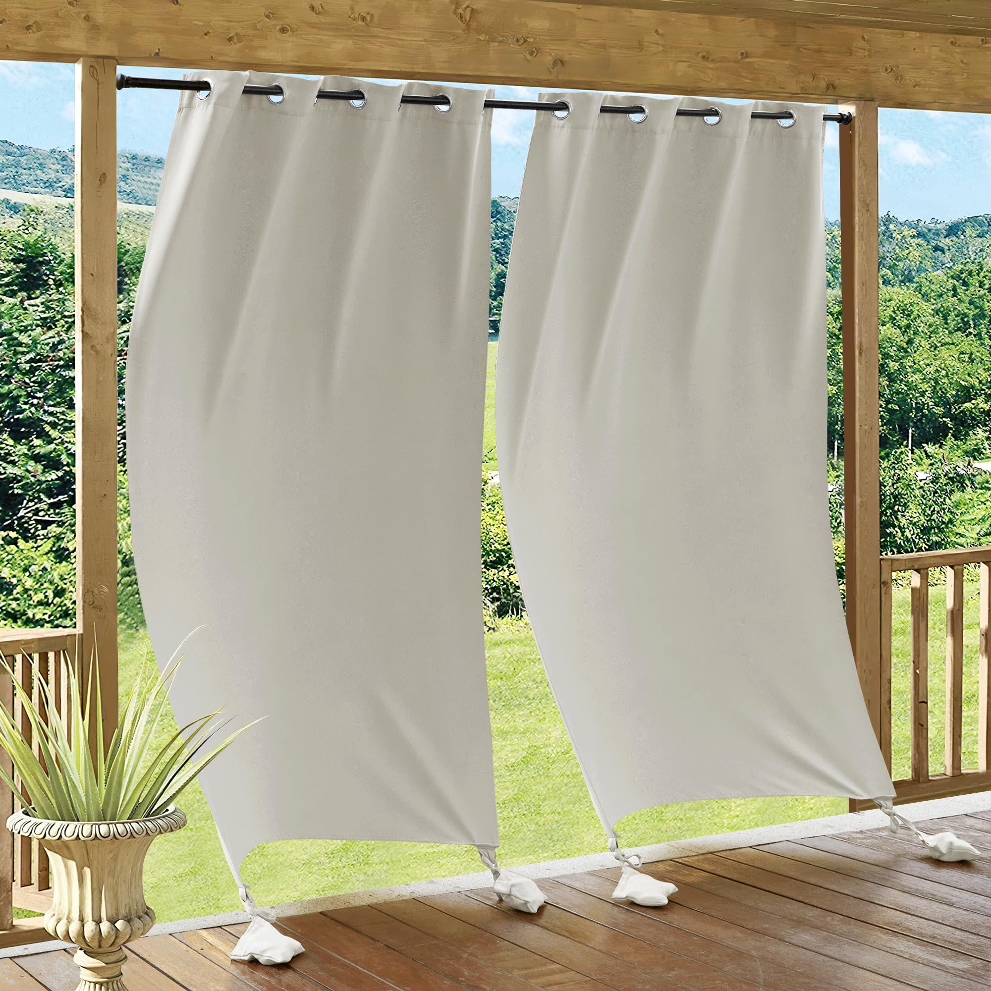 RYB HOME Outdoor Curtains for Patio Windproof with Weighted Bags, 2 Panels Waterproof Blackout Draperies Weather Resist Noise Reducing for Outside Living, W 52 x L 108 inch, Natural