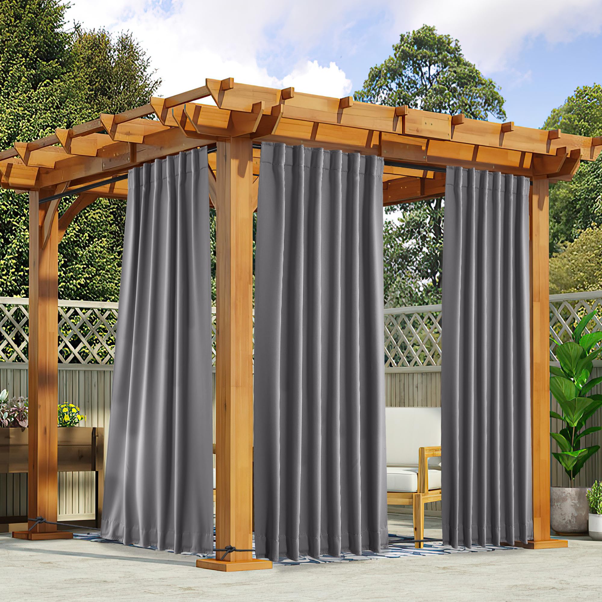 NICETOWN 2 Panels Outdoor Curtains Waterproof Pocket & Back Tab on Top & Bottom, Thermal Insulated Windproof Sun Blocking Outside Privacy Drapes for Patio with Fixed Rope, W84 x L84, Natural