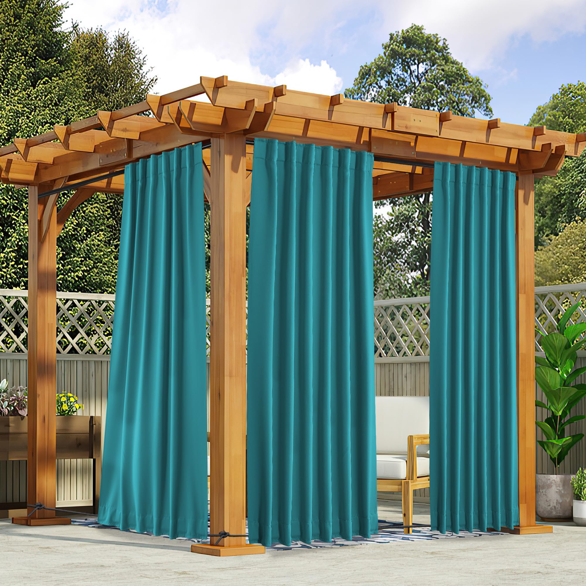 NICETOWN 2 Panels Outdoor Curtains Waterproof Pocket & Back Tab on Top & Bottom, Thermal Insulated Windproof Sun Blocking Outside Privacy Drapes for Patio with Fixed Rope, W84 x L84, Natural