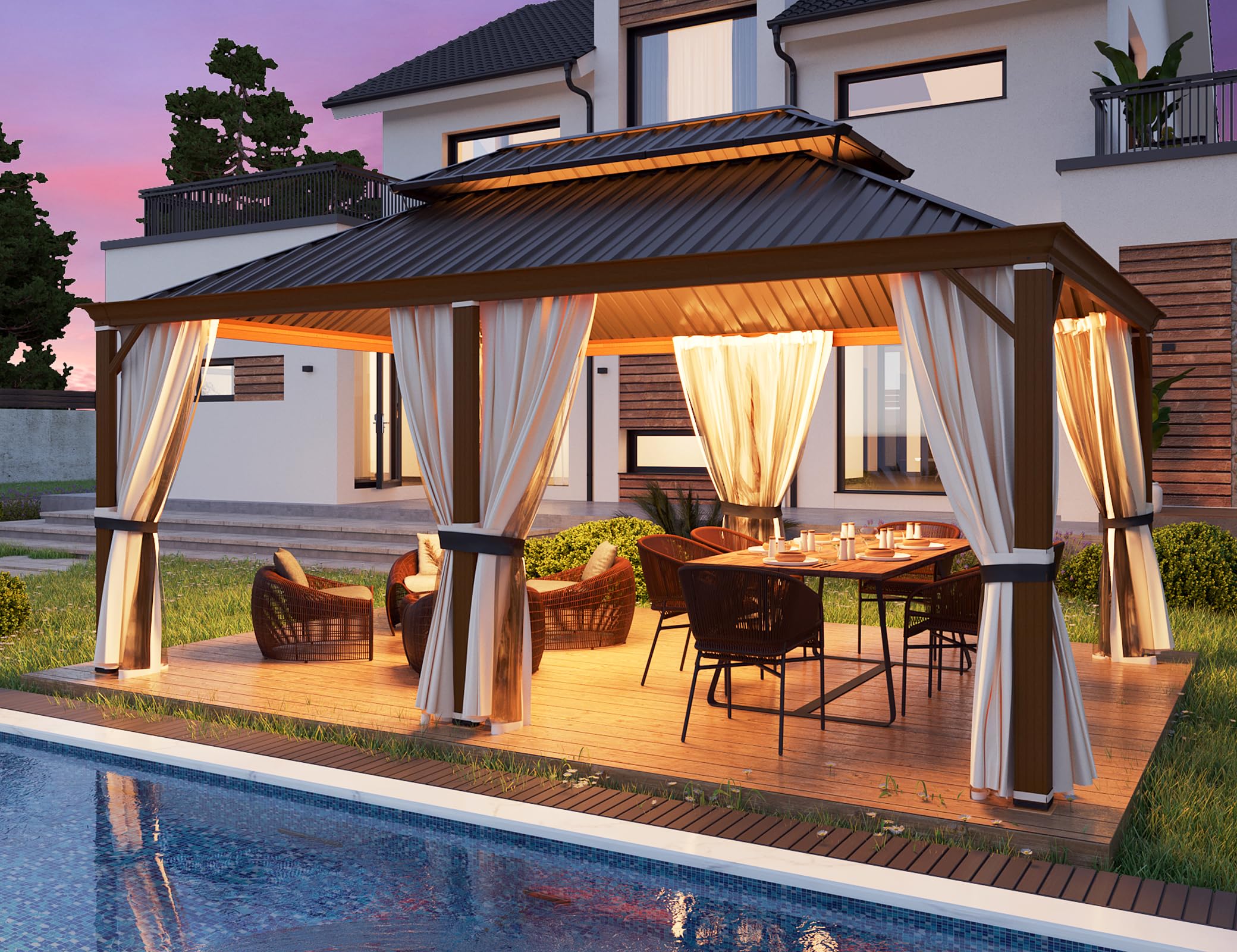 YOLENY 10'x13' Hardtop Gazebo, Outdoor Polycarbonate Double Roof Canopy, Aluminum Frame Permanent Pavilion with Curtains and Netting, Sunshade for Garden, Lawns, Patio