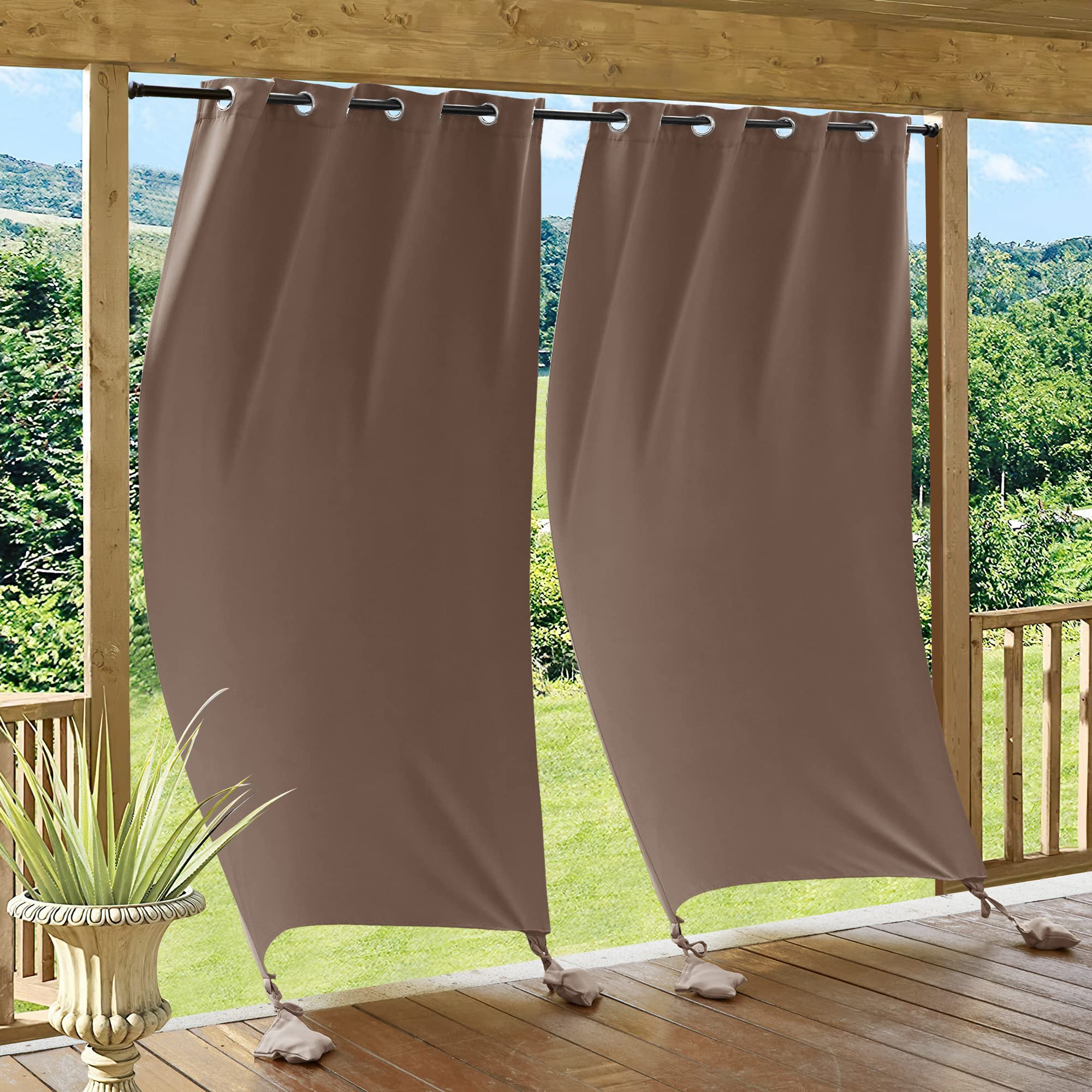 RYB HOME Outdoor Curtains for Patio Windproof with Weighted Bags, 2 Panels Waterproof Blackout Draperies Weather Resist Noise Reducing for Outside Living, W 52 x L 108 inch, Natural