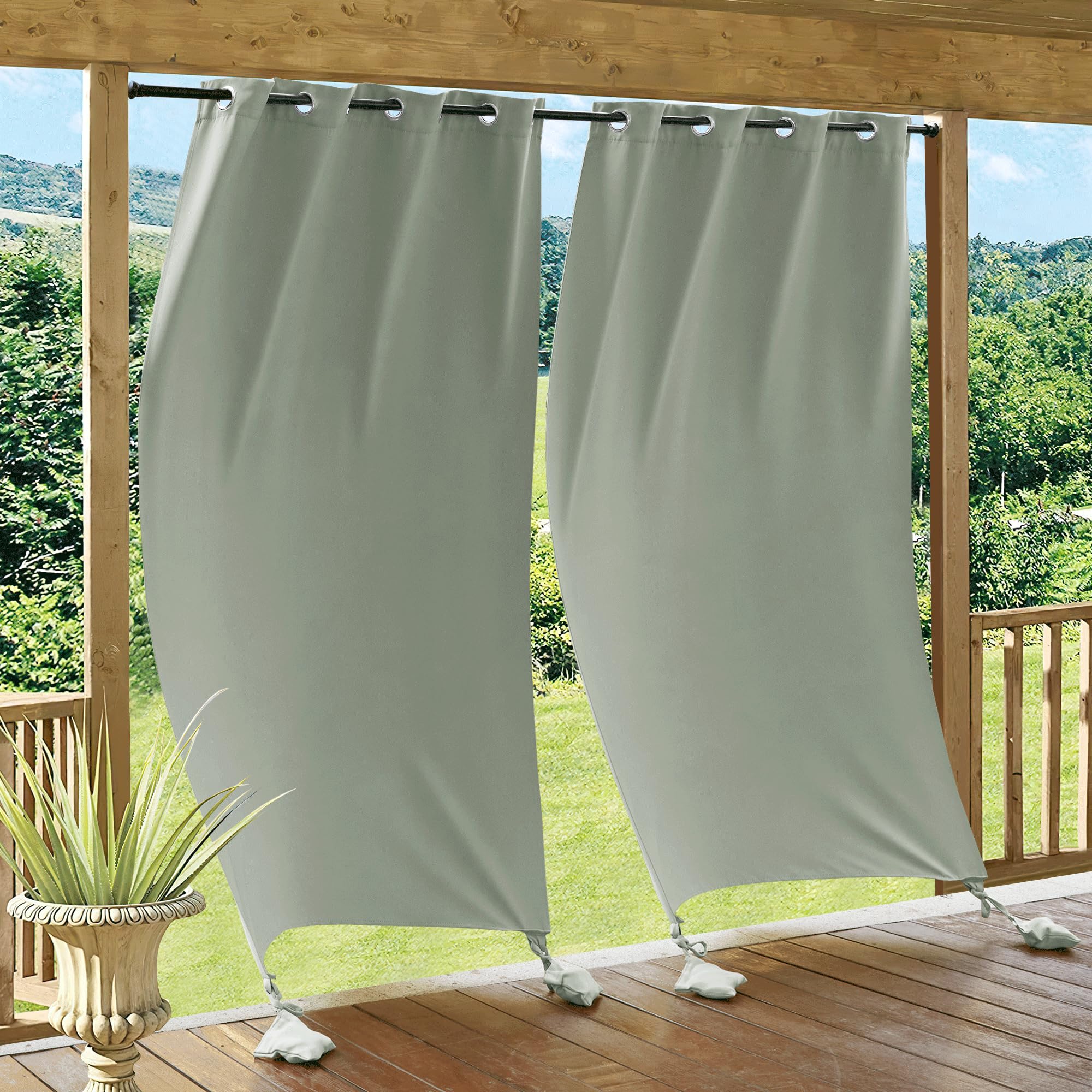 RYB HOME Outdoor Curtains for Patio Windproof with Weighted Bags, 2 Panels Waterproof Blackout Draperies Weather Resist Noise Reducing for Outside Living, W 52 x L 108 inch, Natural