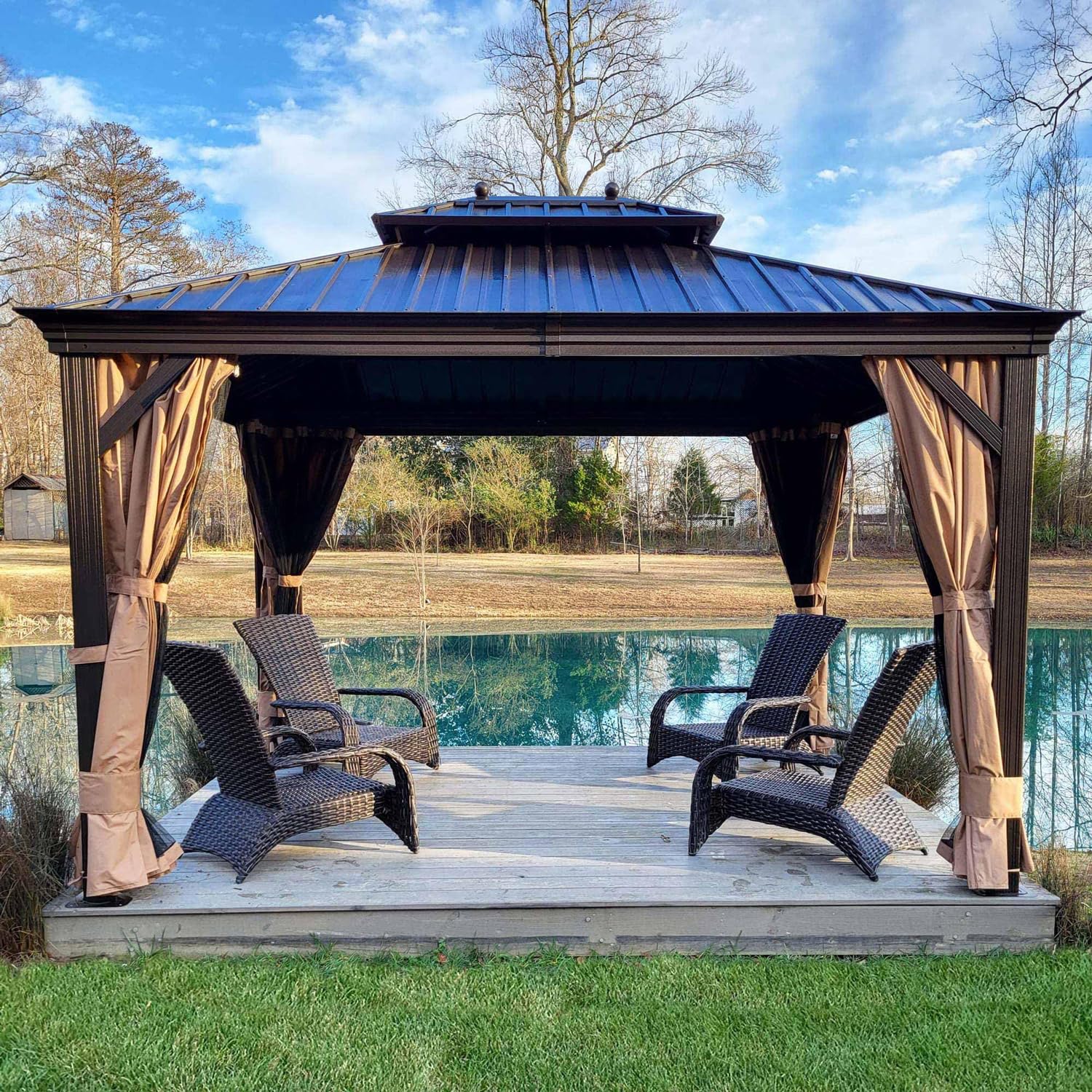 PURPLE LEAF 10' X 12' Hardtop Gazebo Canopy with Netting and Curtains for Outdoor Deck Backyard Heavy Duty Sunshade Outside Metal Patio Permanent Pavilion