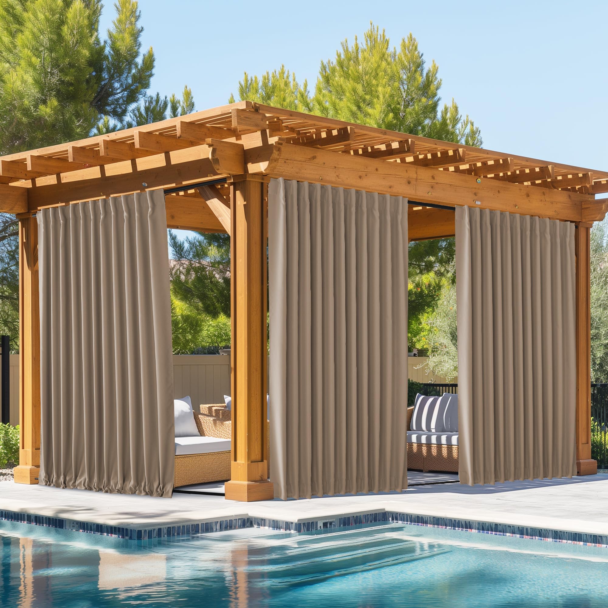 NICETOWN 2 Panels Outdoor Curtains Waterproof Pocket & Back Tab on Top & Bottom, Thermal Insulated Windproof Sun Blocking Outside Privacy Drapes for Patio with Fixed Rope, W84 x L84, Natural