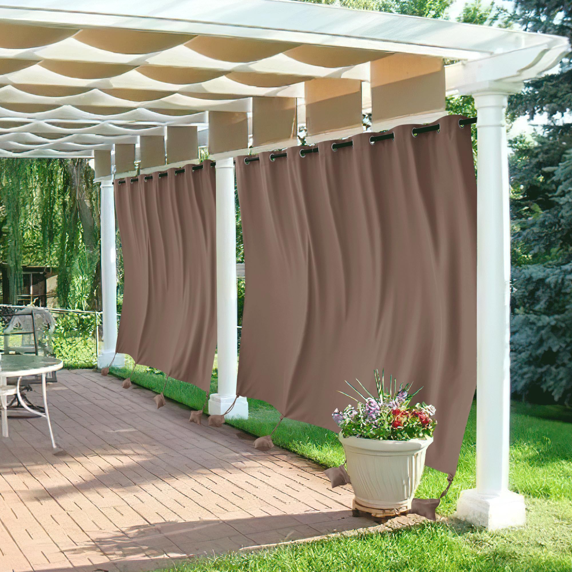 RYB HOME Outdoor Curtains for Patio Windproof with Weighted Bags, 2 Panels Waterproof Blackout Draperies Weather Resist Noise Reducing for Outside Living, W 52 x L 108 inch, Natural
