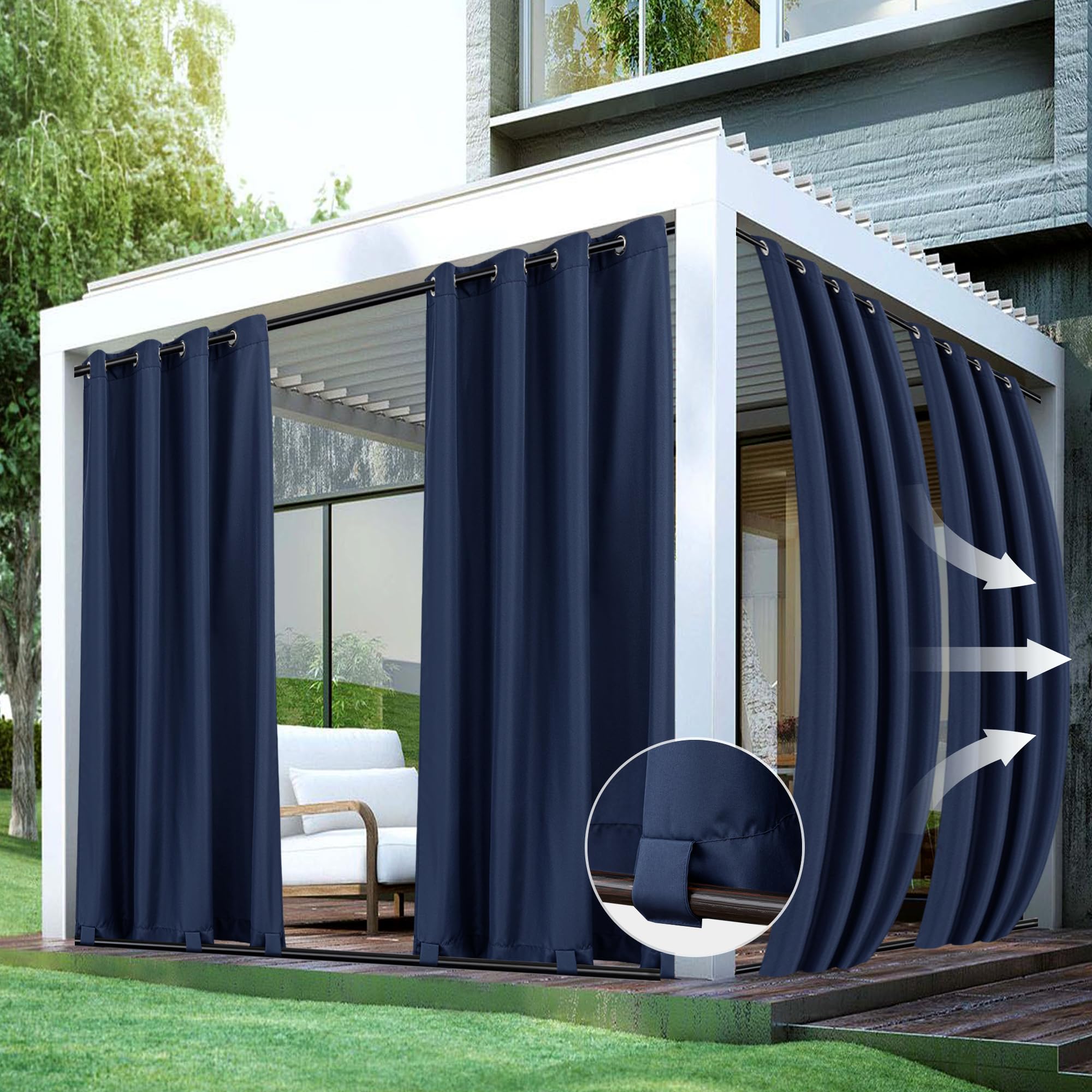 HolidayIdeas Outdoor Curtains for Patio Waterproof 4 Panels 54x95 Inch-Windproof Weatherproof Privacy White Curtains-Grommet Top and Tab Bottom Drape for Gazebo, Porch, Pergola, Cabana, Backyard
