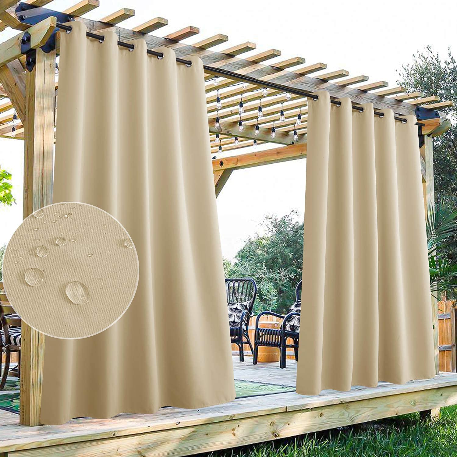 StangH 2 Panels Outdoor Curtains for Patio Waterproof, Blackout Windproof Weatherproof Thermal Insulated Drapes for Pergola/Porch, Thick Privacy Room Dividers for Pool, Grey, W52 x L84