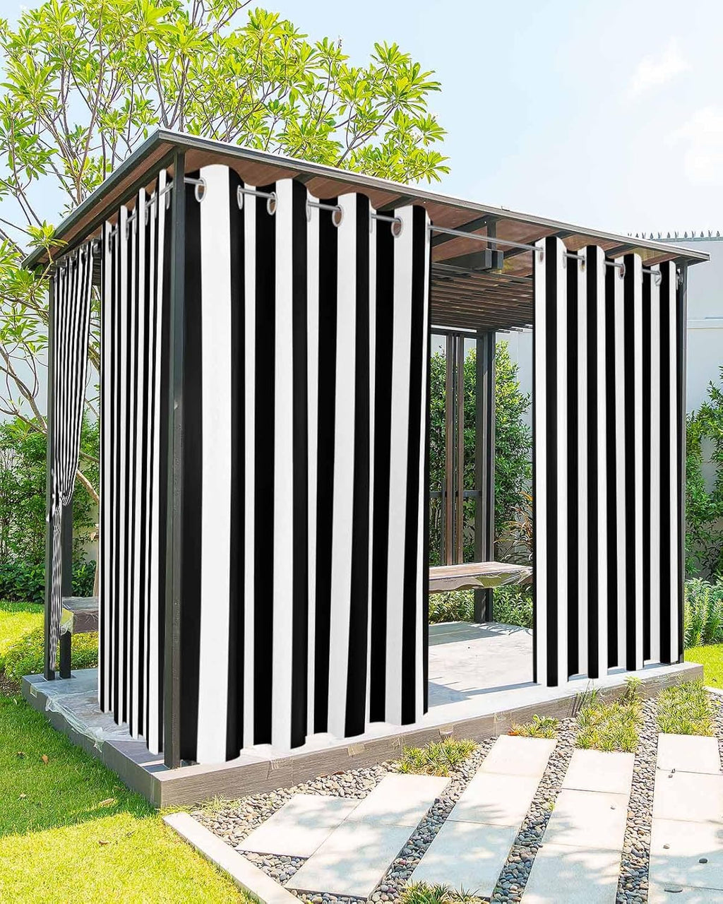 Striped Outdoor Curtains for Patio Waterproof Weatherproof,Black and White Outdoor Curtains,Sun Blocking Privacy Grommet Outside Curtains Weighted Drapes for Gazebo Porch Pergola,1 Panel,54W x 108L