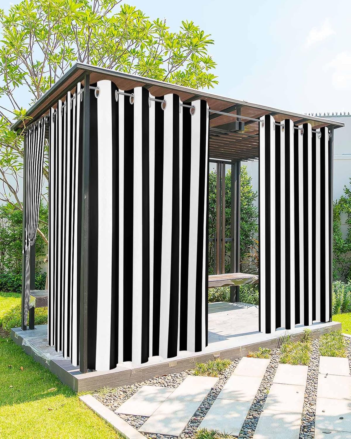 Striped Outdoor Curtains for Patio Waterproof Weatherproof,Black and White Outdoor Curtains,Sun Blocking Privacy Grommet Outside Curtains Weighted Drapes for Gazebo Porch Pergola,1 Panel,54W x 108L