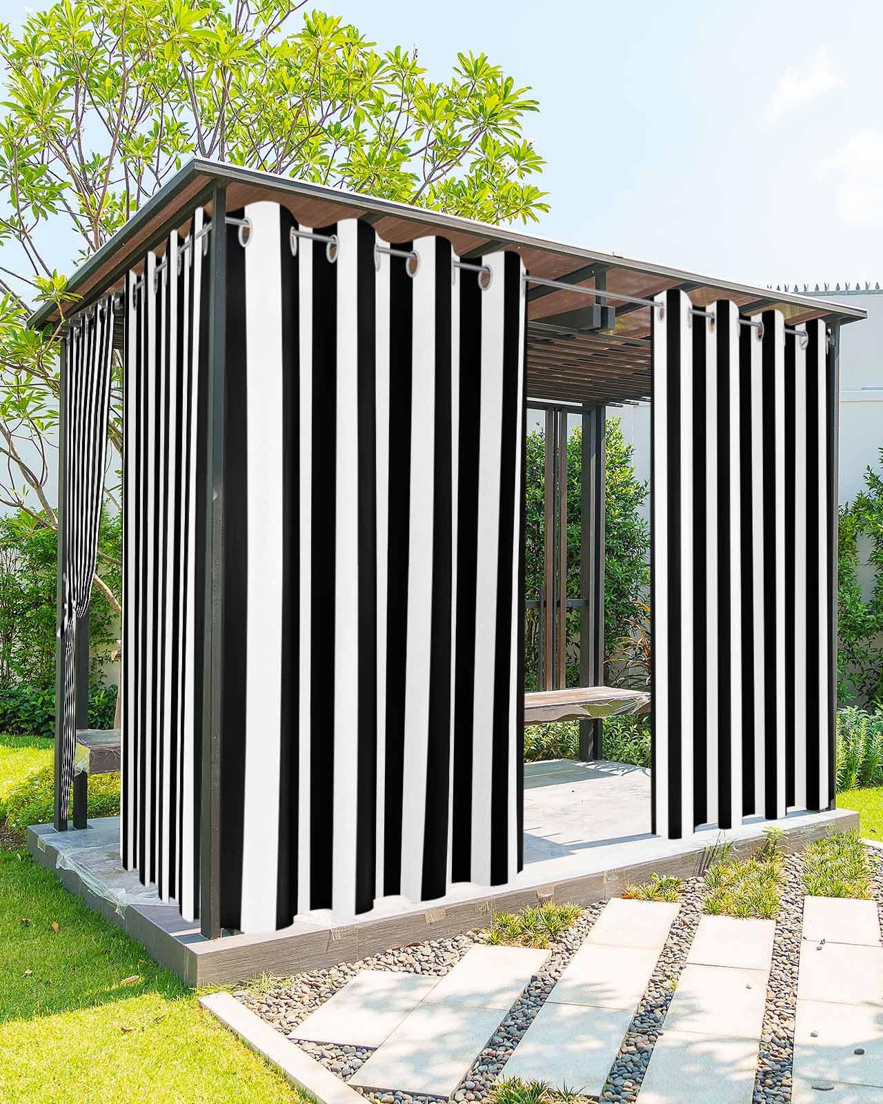 Striped Outdoor Curtains for Patio Waterproof Weatherproof,Black and White Outdoor Curtains,Sun Blocking Privacy Grommet Outside Curtains Weighted Drapes for Gazebo Porch Pergola,1 Panel,54W x 108L