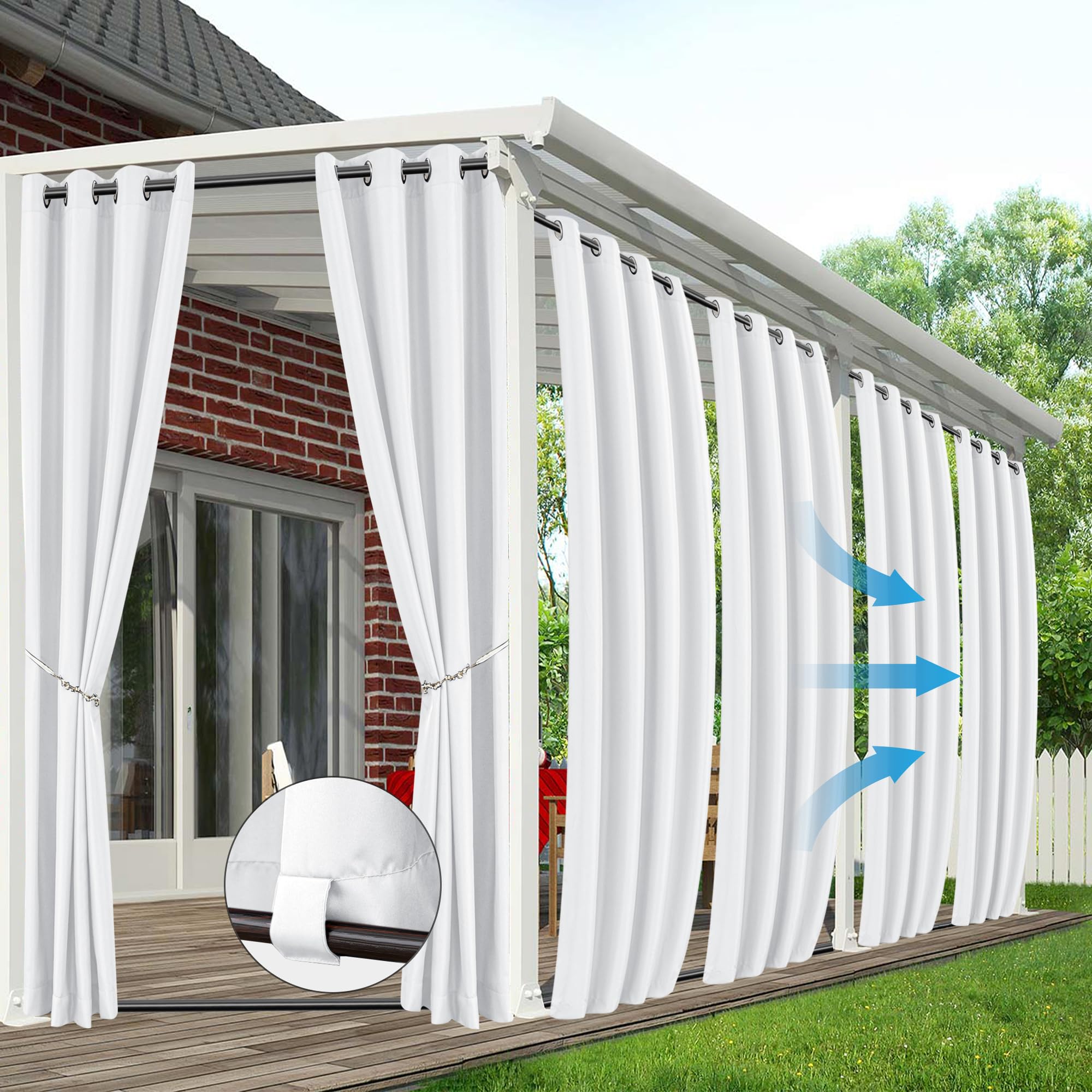 HolidayIdeas Outdoor Curtains for Patio Waterproof 4 Panels 54x95 Inch-Windproof Weatherproof Privacy White Curtains-Grommet Top and Tab Bottom Drape for Gazebo, Porch, Pergola, Cabana, Backyard