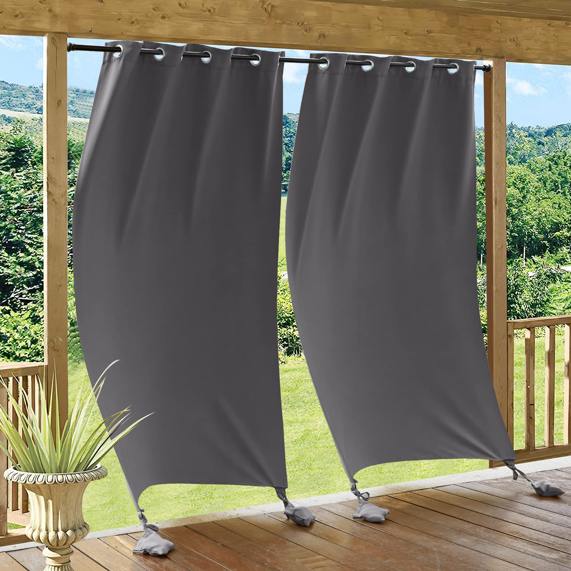 RYB HOME Outdoor Curtains for Patio Windproof with Weighted Bags, 2 Panels Waterproof Blackout Draperies Weather Resist Noise Reducing for Outside Living, W 52 x L 108 inch, Natural