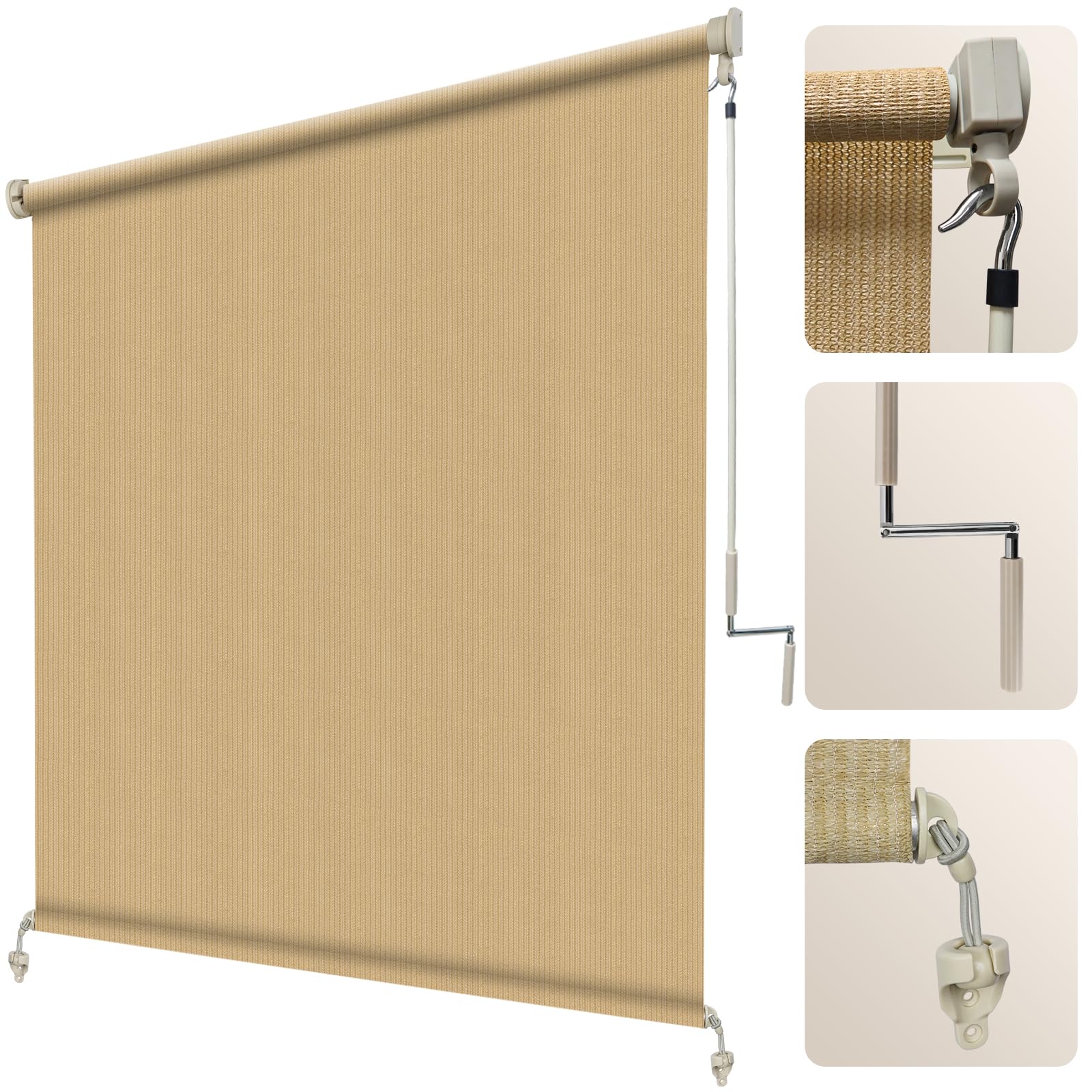 Artpuch Outdoor Roller Shade 8' W x 6' H, Mocha Exterior Cordless Patio Shades Roll Up Blinds with Spliced Pole Design, (2 Poles, One-Piece Fabric)