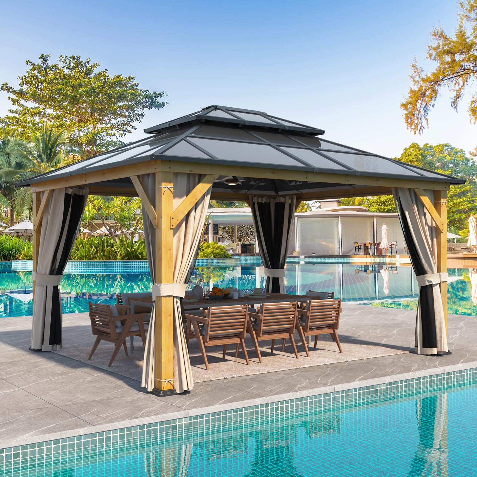 YOLENY 10'x13' Hardtop Gazebo, Outdoor Polycarbonate Double Roof Canopy, Aluminum Frame Permanent Pavilion with Curtains and Netting, Sunshade for Garden, Lawns, Patio