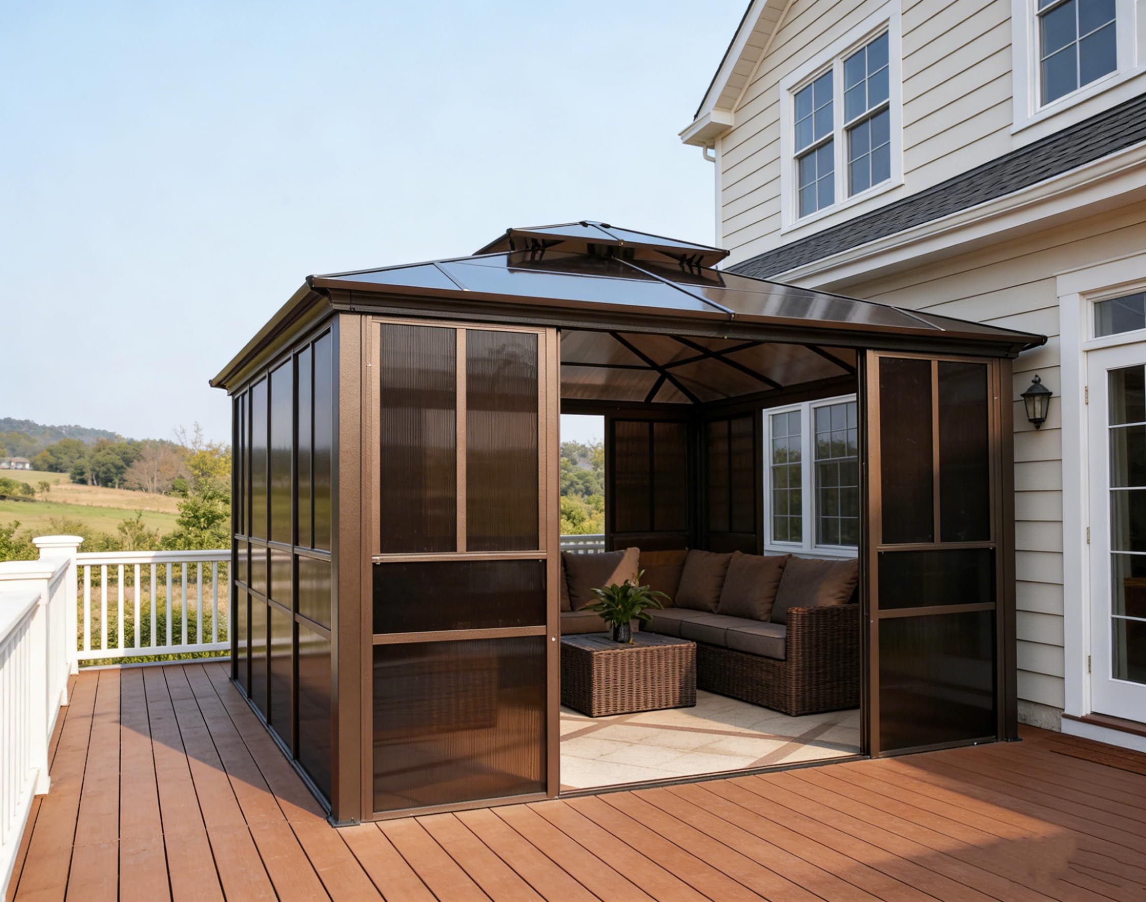YOLENY 10'x13' Hardtop Gazebo, Outdoor Polycarbonate Double Roof Canopy, Aluminum Frame Permanent Pavilion with Curtains and Netting, Sunshade for Garden, Lawns, Patio