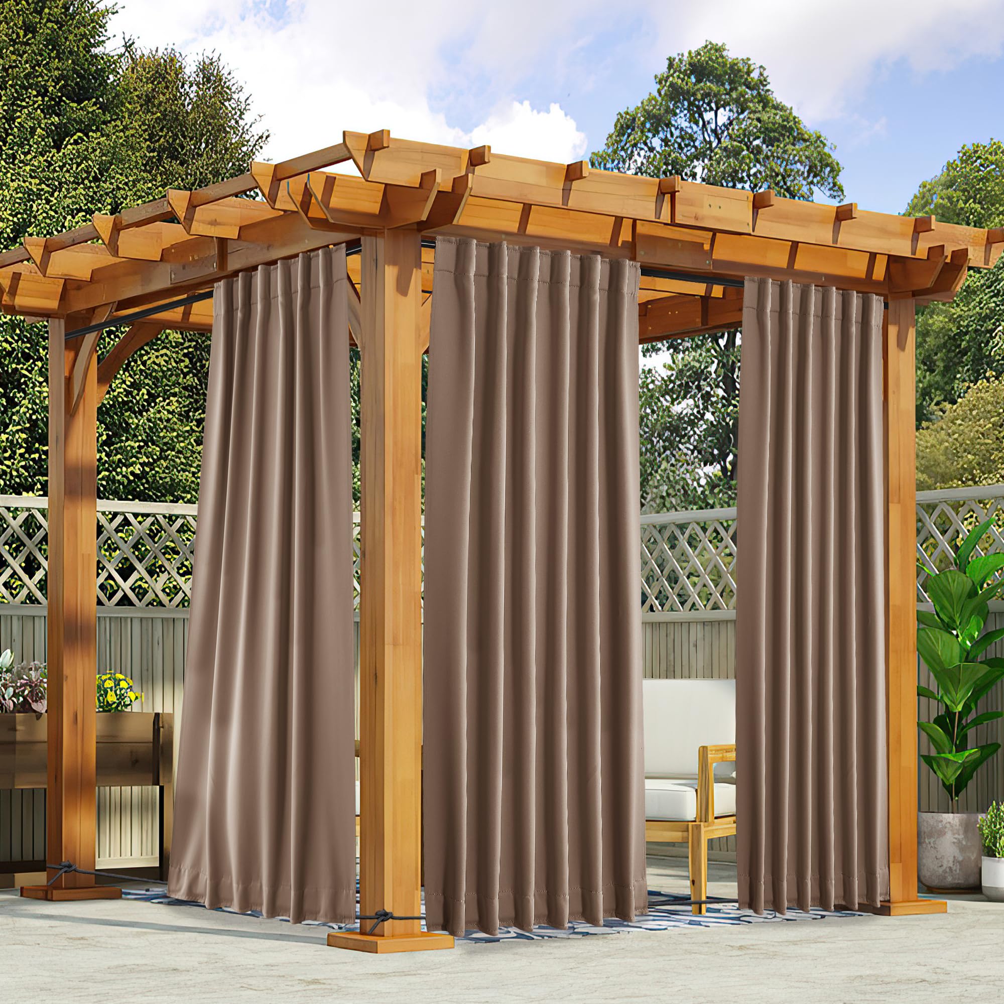 NICETOWN 2 Panels Outdoor Curtains Waterproof Pocket & Back Tab on Top & Bottom, Thermal Insulated Windproof Sun Blocking Outside Privacy Drapes for Patio with Fixed Rope, W84 x L84, Natural