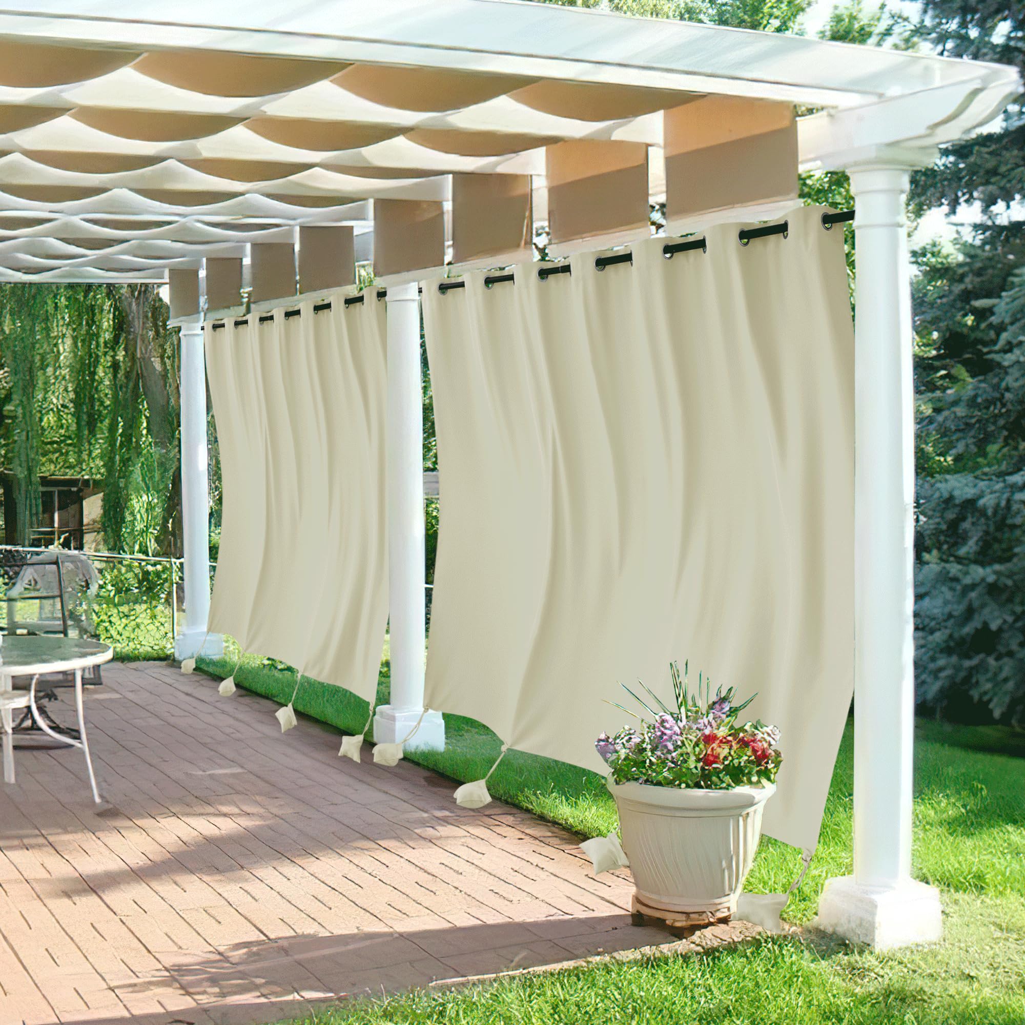 RYB HOME Outdoor Curtains for Patio Windproof with Weighted Bags, 2 Panels Waterproof Blackout Draperies Weather Resist Noise Reducing for Outside Living, W 52 x L 108 inch, Natural