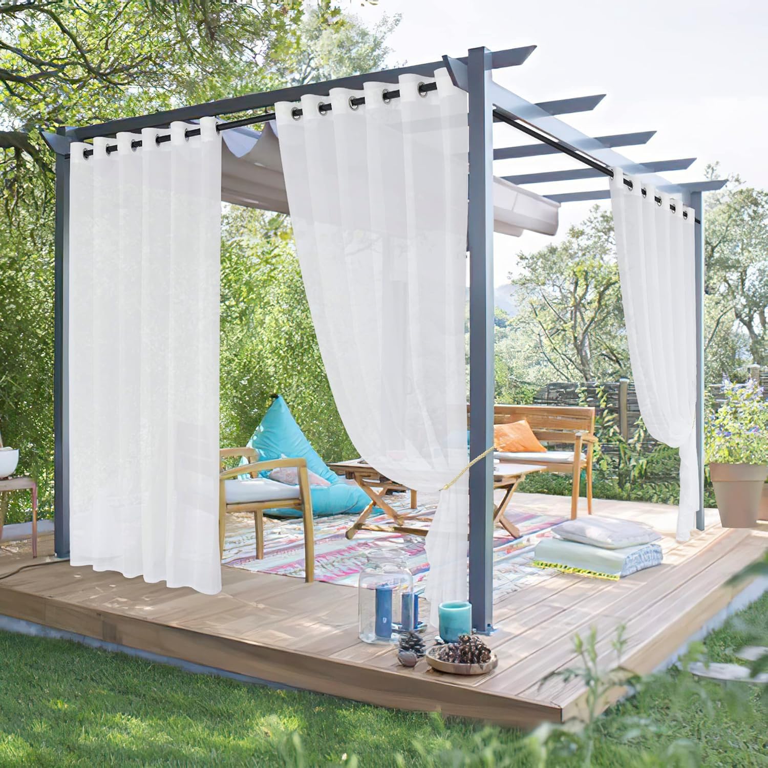 NICETOWN 2 Panels Voile Sheer Patio Outdoor Curtains 108" L Waterproof, Rustproof Grommet Light Filtering Indoor Outdoor Sheer Curtain Drapes for Cabana/Arbor, Ivory, W54 x L108