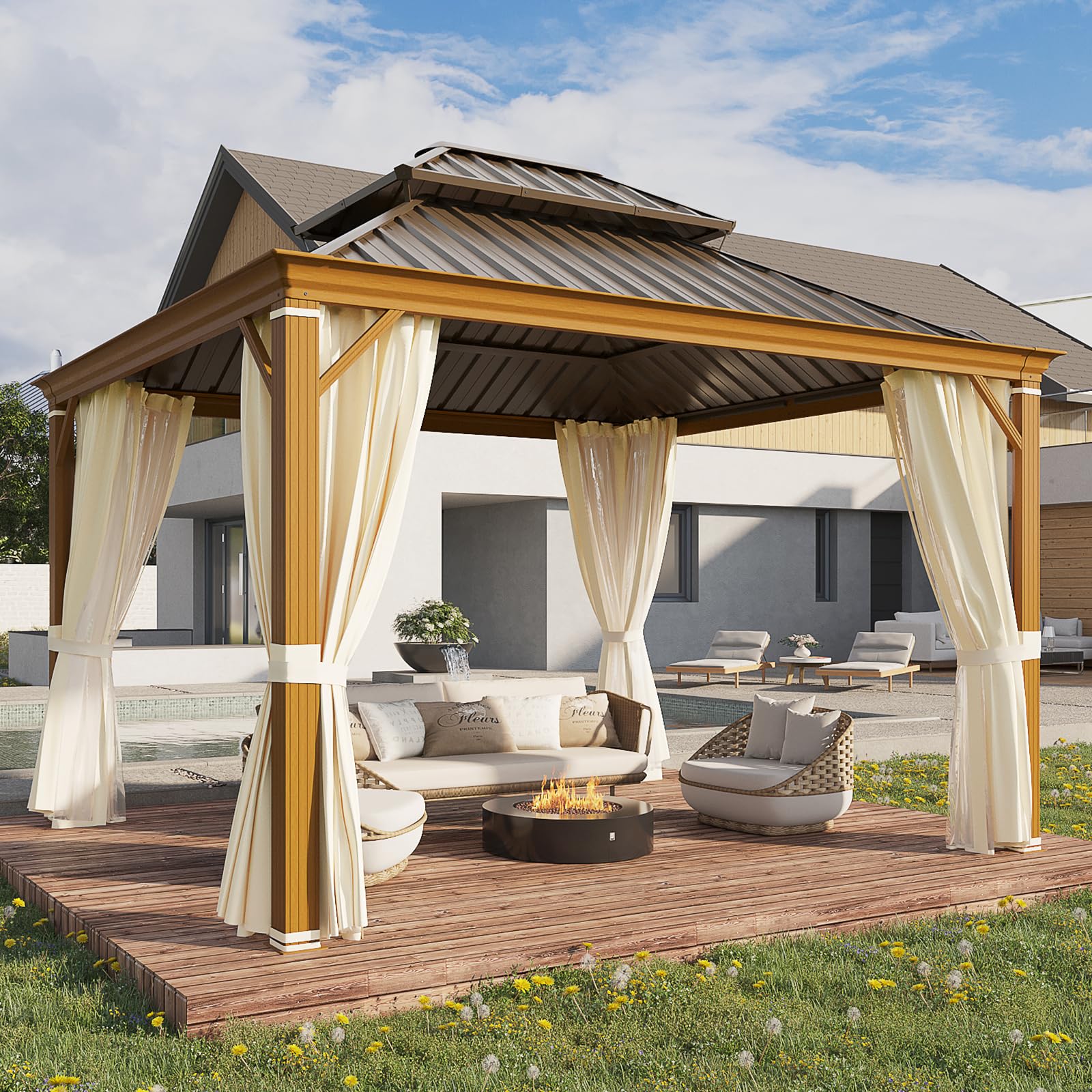 YOLENY 10'x13' Hardtop Gazebo, Outdoor Polycarbonate Double Roof Canopy, Aluminum Frame Permanent Pavilion with Curtains and Netting, Sunshade for Garden, Lawns, Patio