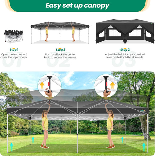COBIZI Canopy 10x20 Pop Up Canopy Tent with 6 Sidewalls, One Push Party Tents for Parties Outdoor Wedding Waterproof Gazebo Commercial Event Tent with Sandbags, Black