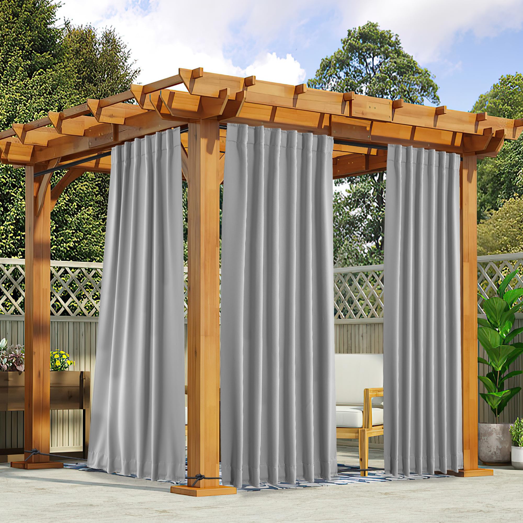 NICETOWN 2 Panels Outdoor Curtains Waterproof Pocket & Back Tab on Top & Bottom, Thermal Insulated Windproof Sun Blocking Outside Privacy Drapes for Patio with Fixed Rope, W84 x L84, Natural