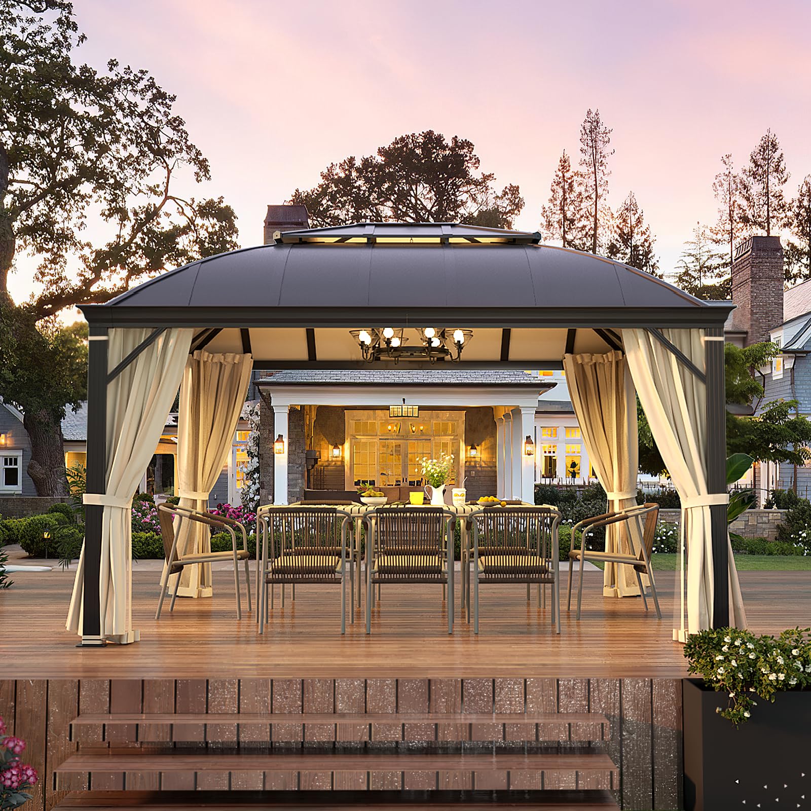 YOLENY 10'x13' Hardtop Gazebo, Outdoor Polycarbonate Double Roof Canopy, Aluminum Frame Permanent Pavilion with Curtains and Netting, Sunshade for Garden, Lawns, Patio