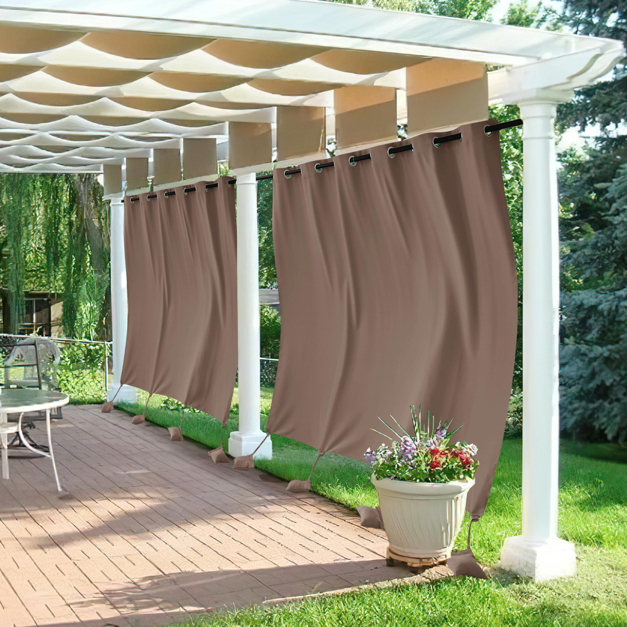 RYB HOME Outdoor Curtains for Patio Windproof with Weighted Bags, 2 Panels Waterproof Blackout Draperies Weather Resist Noise Reducing for Outside Living, W 52 x L 108 inch, Natural