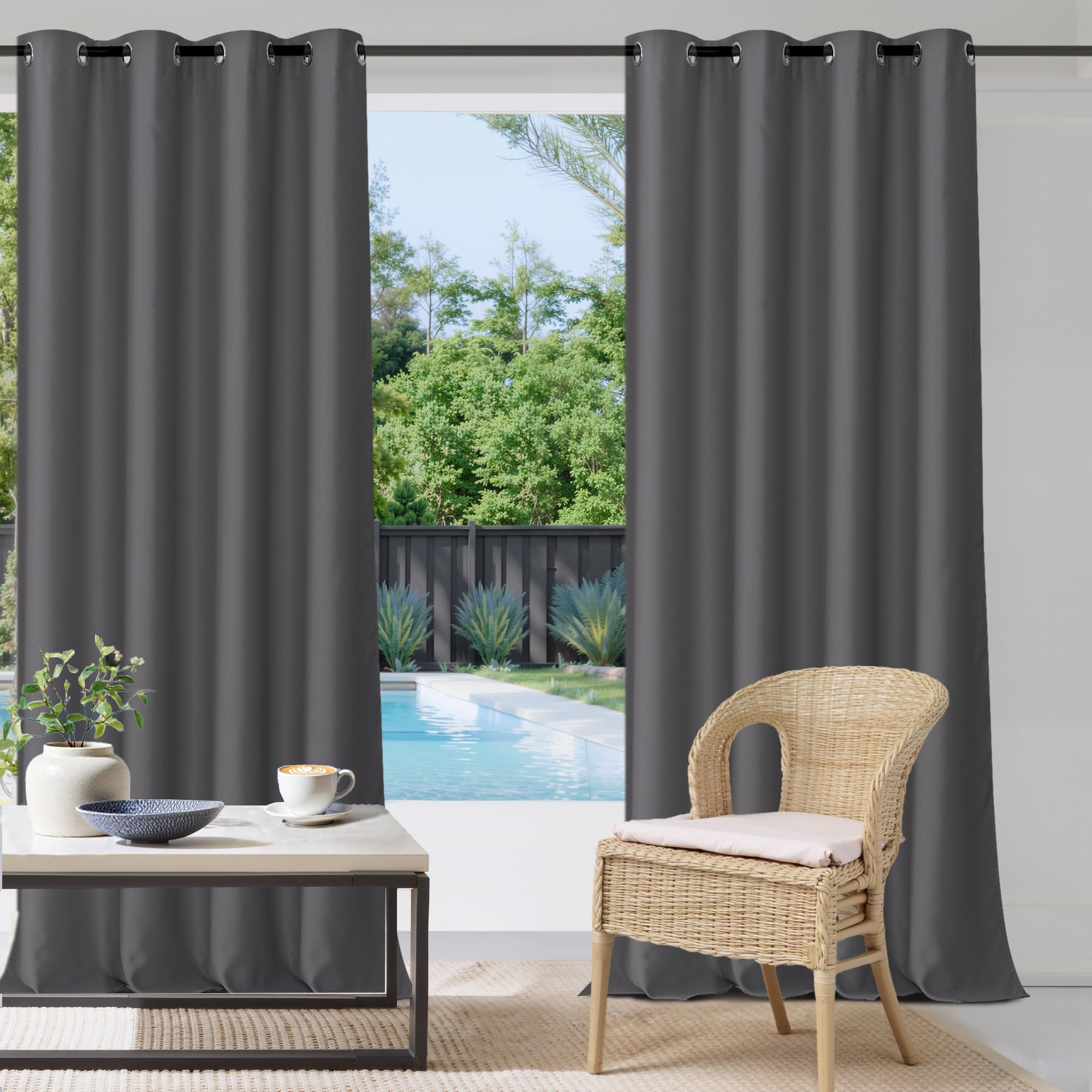 StangH 2 Panels Outdoor Curtains for Patio Waterproof, Blackout Windproof Weatherproof Thermal Insulated Drapes for Pergola/Porch, Thick Privacy Room Dividers for Pool, Grey, W52 x L84