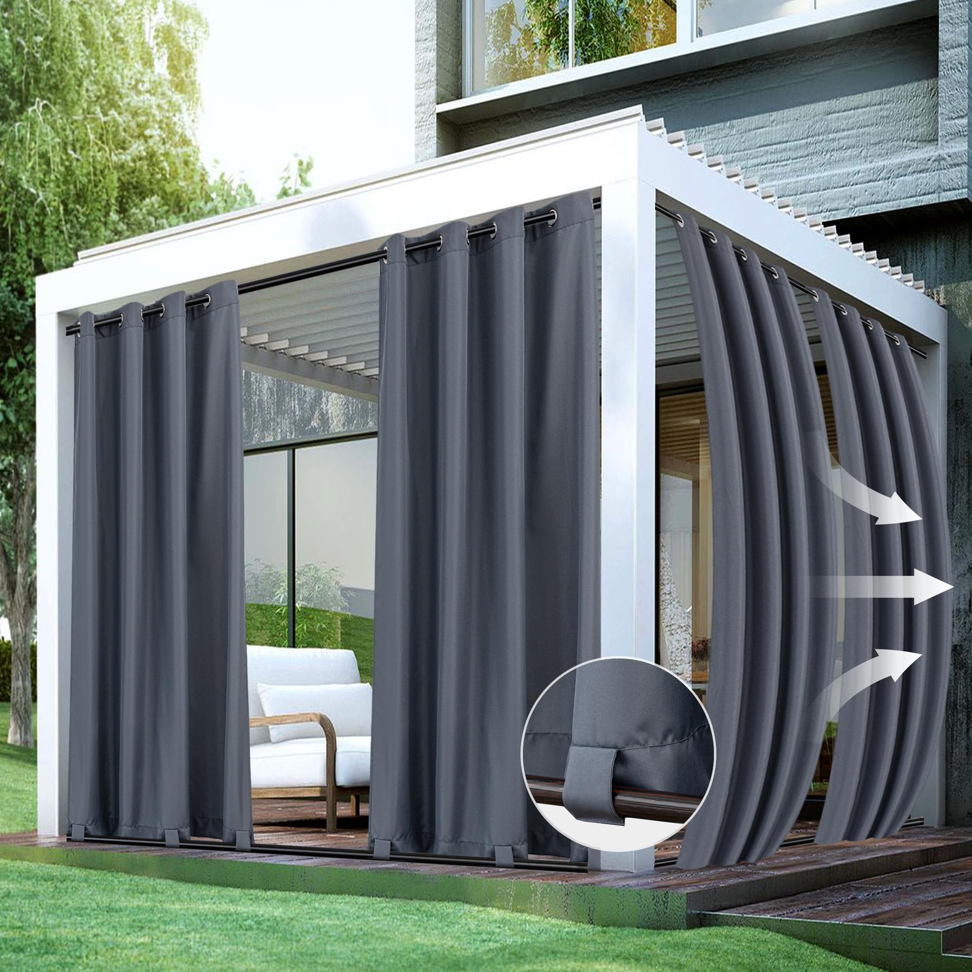 HolidayIdeas Outdoor Curtains for Patio Waterproof 4 Panels 54x95 Inch-Windproof Weatherproof Privacy White Curtains-Grommet Top and Tab Bottom Drape for Gazebo, Porch, Pergola, Cabana, Backyard