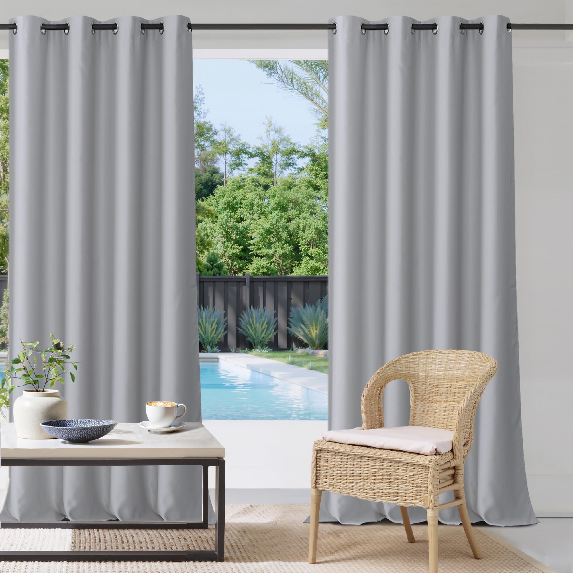 StangH 2 Panels Outdoor Curtains for Patio Waterproof, Blackout Windproof Weatherproof Thermal Insulated Drapes for Pergola/Porch, Thick Privacy Room Dividers for Pool, Grey, W52 x L84