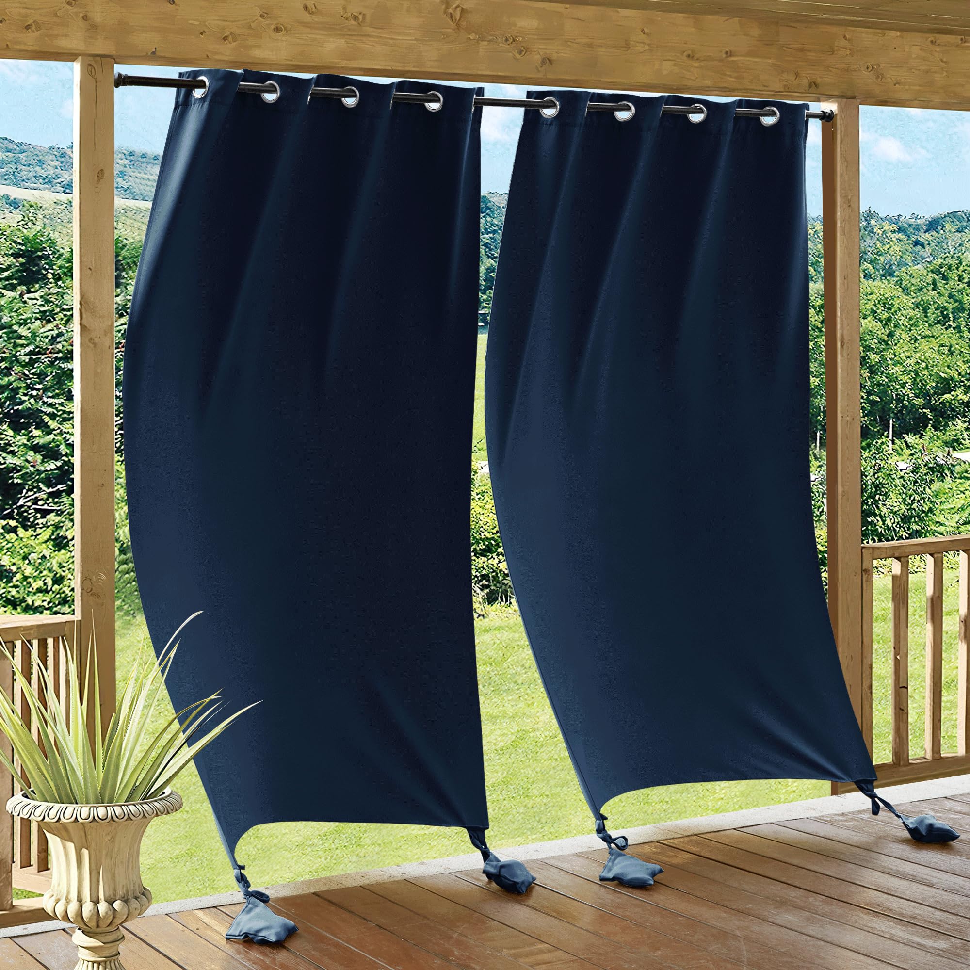 RYB HOME Outdoor Curtains for Patio Windproof with Weighted Bags, 2 Panels Waterproof Blackout Draperies Weather Resist Noise Reducing for Outside Living, W 52 x L 108 inch, Natural