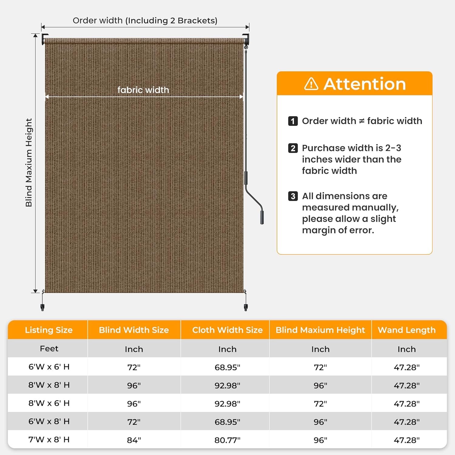 HOMEDEMO Outdoor Roller Shades for Patio, 8'W x 8' H Roll up Shade for Outside, Sun Roller Shade Cloth Roll Blinds Cordless Waterproof for Porch Gazebo Pergola Balcony Backyard Mocha