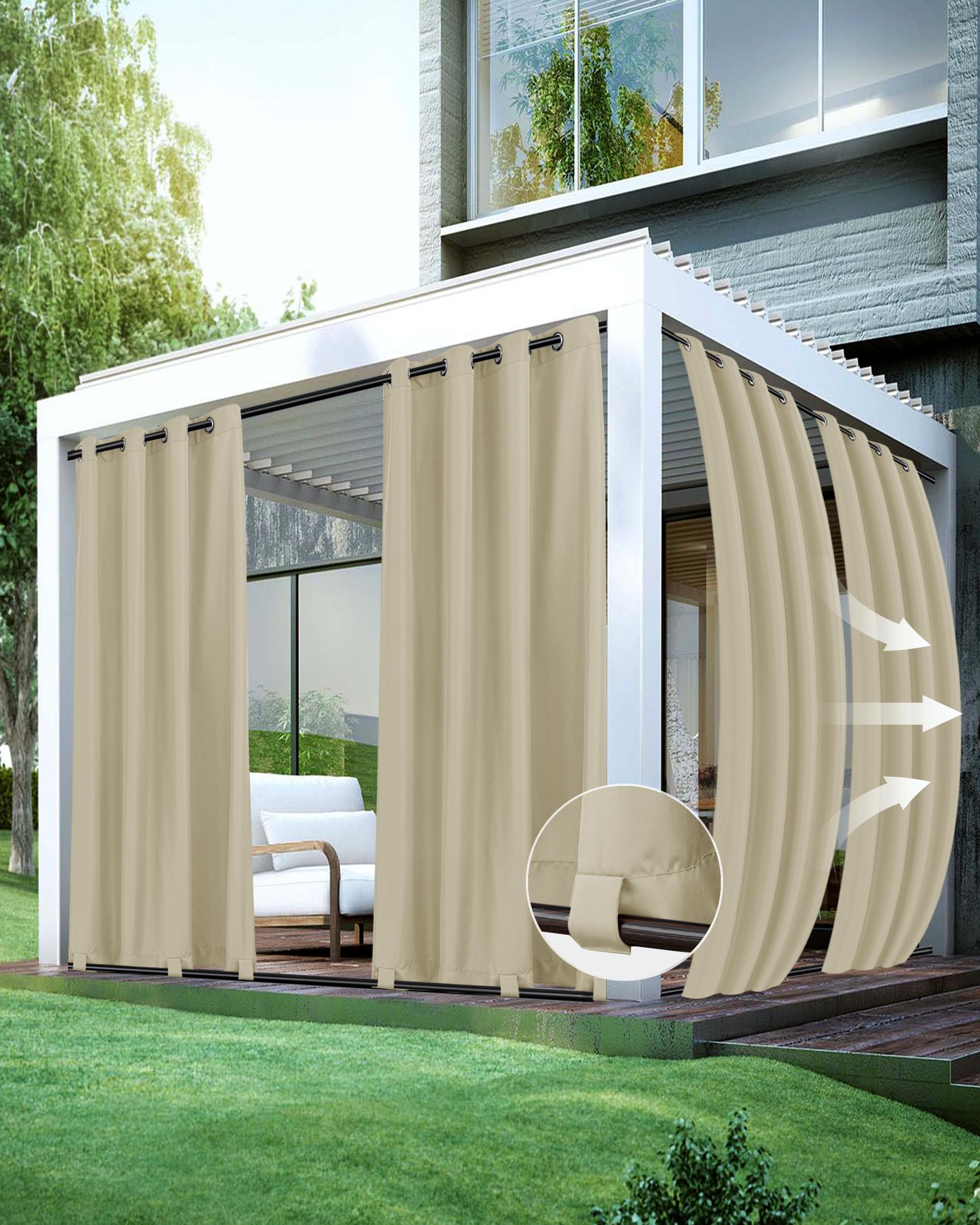 HolidayIdeas Outdoor Curtains for Patio Waterproof 4 Panels 54x95 Inch-Windproof Weatherproof Privacy White Curtains-Grommet Top and Tab Bottom Drape for Gazebo, Porch, Pergola, Cabana, Backyard