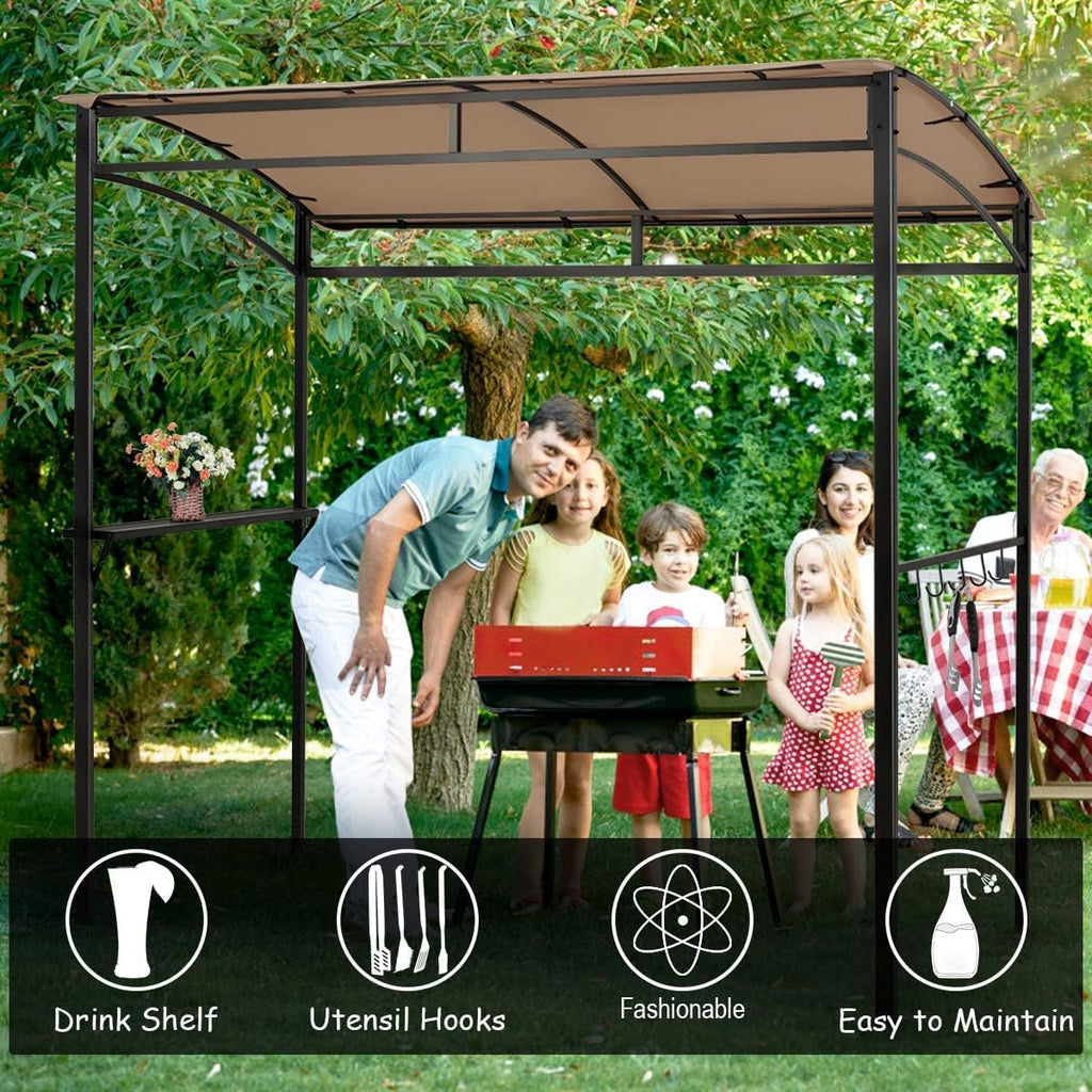 Moccha 7x4.4ft Grill Gazebo, Outdoor BBQ Gazebo with Storage Shelf, Hanging Hooks, Beer Opening Setting, Heavy-Duty Metal Frame, Grill Canopy Tent Sunshade Awning for Backyard, Patio, Garden, Brown