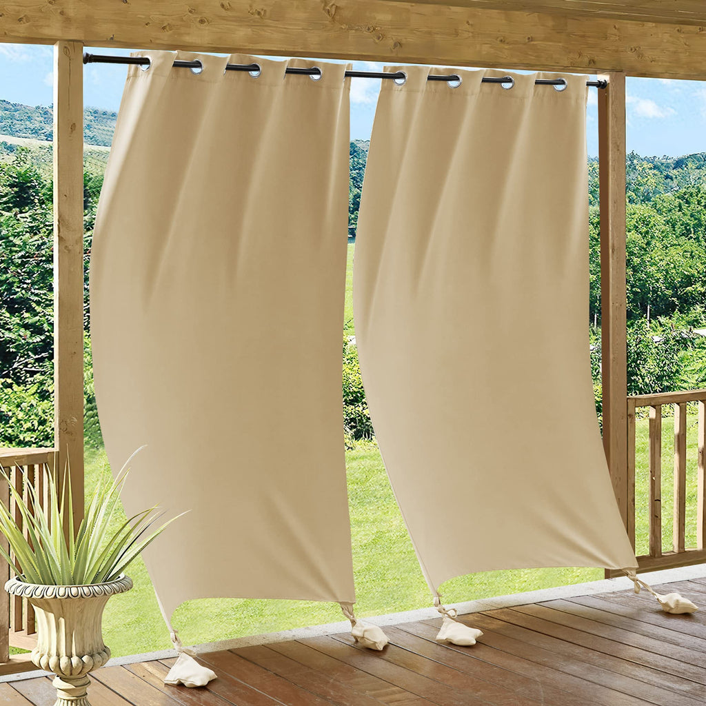 RYB HOME Outdoor Curtains for Patio Windproof with Weighted Bags, 2 Panels Waterproof Blackout Draperies Weather Resist Noise Reducing for Outside Living, W 52 x L 108 inch, Natural