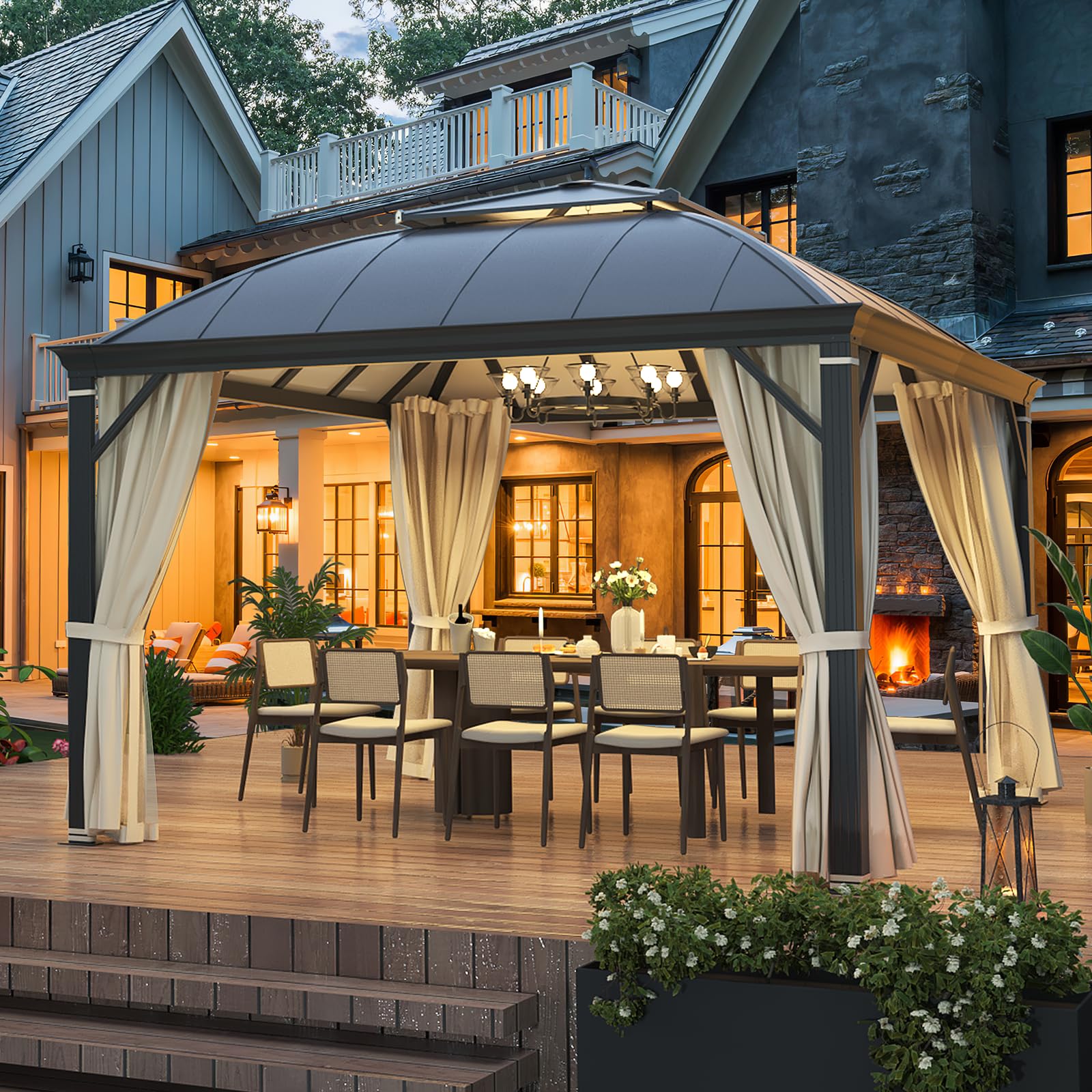 YOLENY 10'x13' Hardtop Gazebo, Outdoor Polycarbonate Double Roof Canopy, Aluminum Frame Permanent Pavilion with Curtains and Netting, Sunshade for Garden, Lawns, Patio