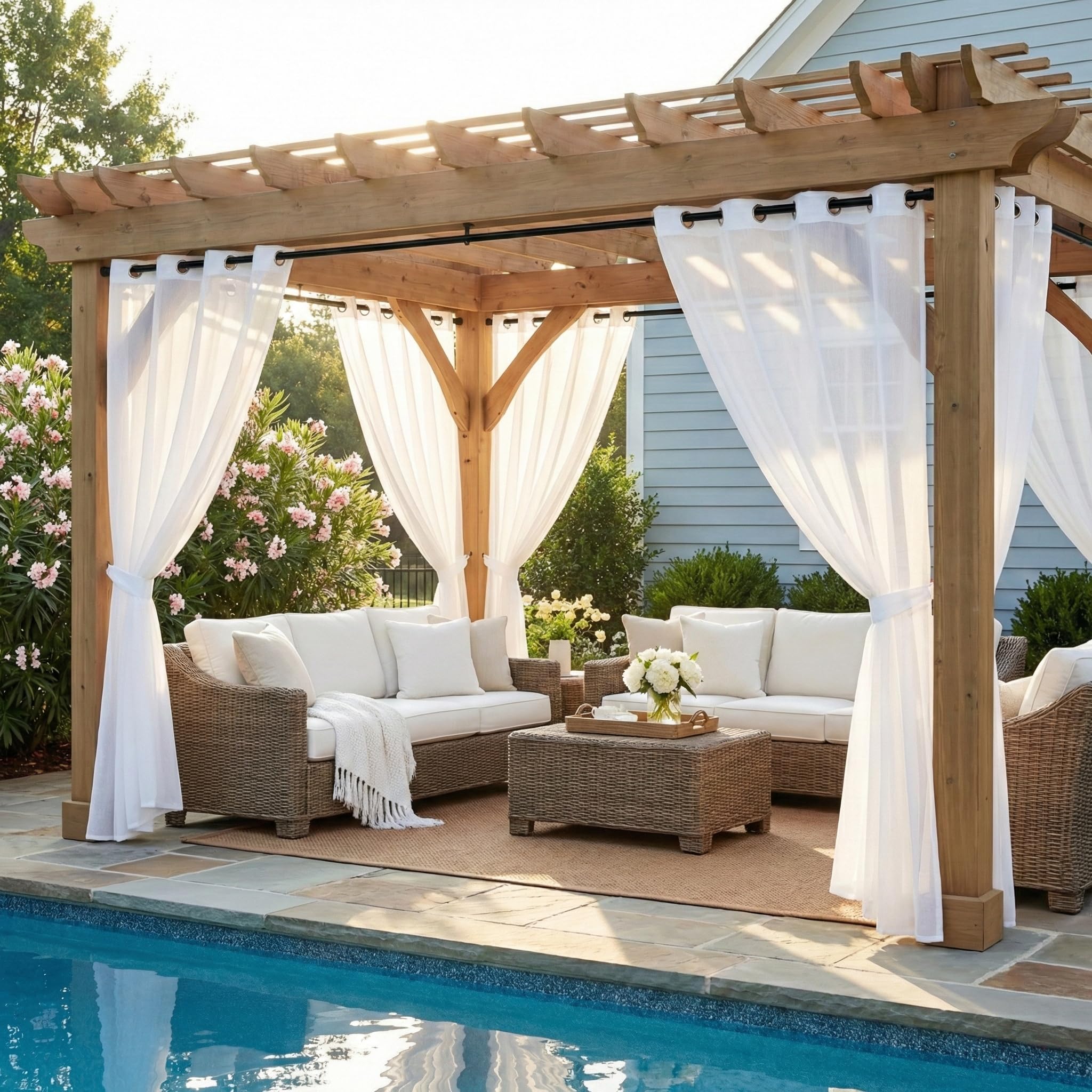 NICETOWN 2 Panels Voile Sheer Patio Outdoor Curtains 108" L Waterproof, Rustproof Grommet Light Filtering Indoor Outdoor Sheer Curtain Drapes for Cabana/Arbor, Ivory, W54 x L108