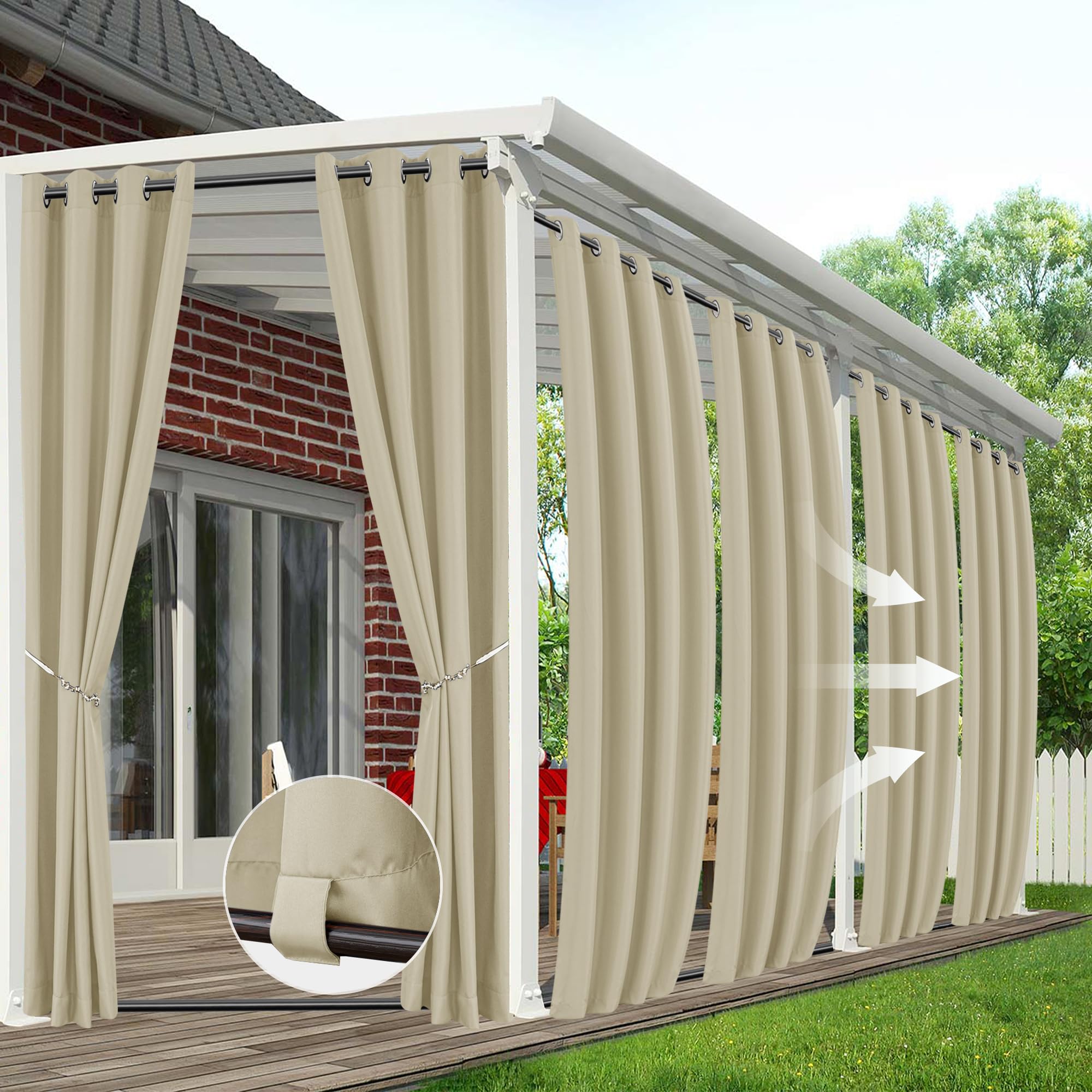 HolidayIdeas Outdoor Curtains for Patio Waterproof 4 Panels 54x95 Inch-Windproof Weatherproof Privacy White Curtains-Grommet Top and Tab Bottom Drape for Gazebo, Porch, Pergola, Cabana, Backyard
