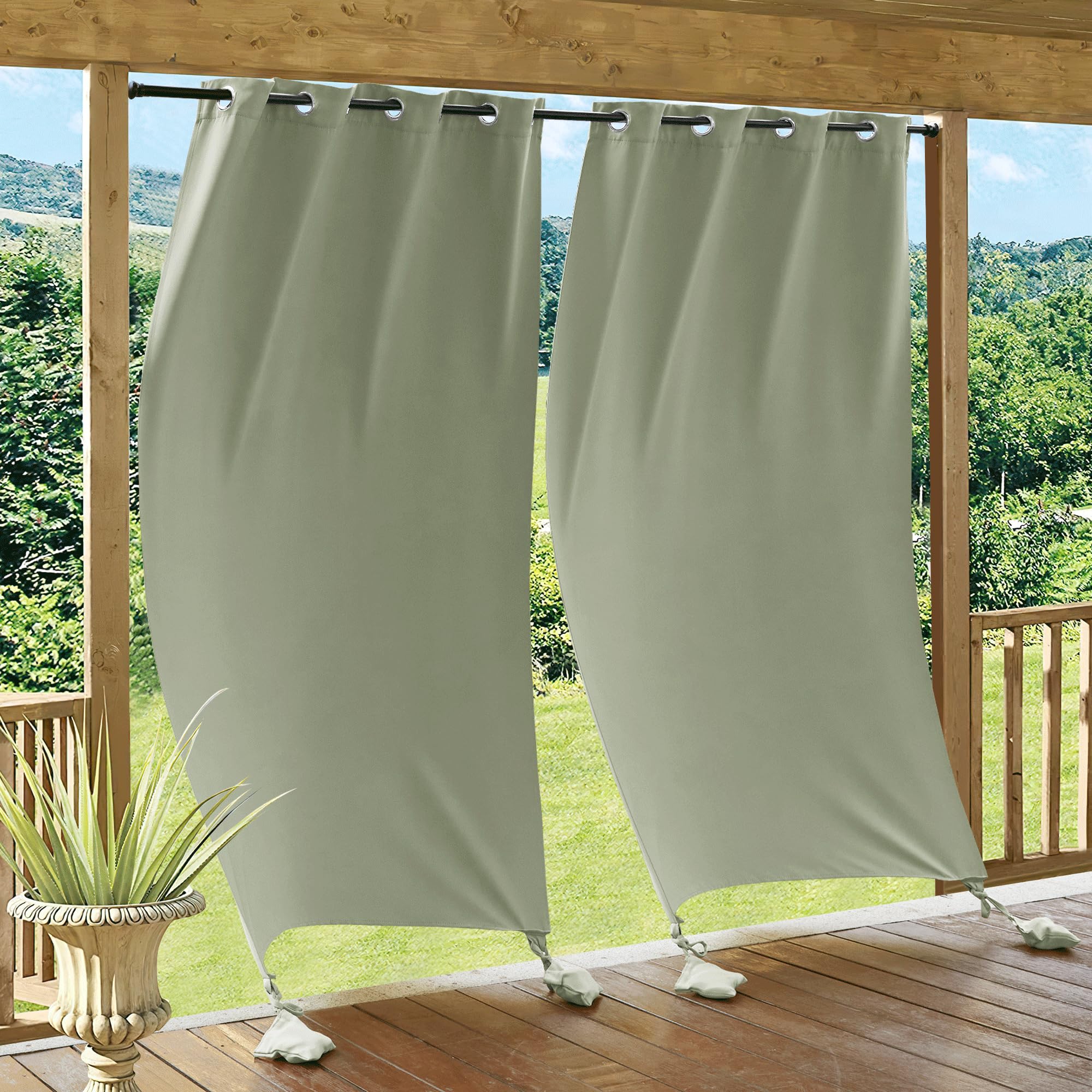 RYB HOME Outdoor Curtains for Patio Windproof with Weighted Bags, 2 Panels Waterproof Blackout Draperies Weather Resist Noise Reducing for Outside Living, W 52 x L 108 inch, Natural
