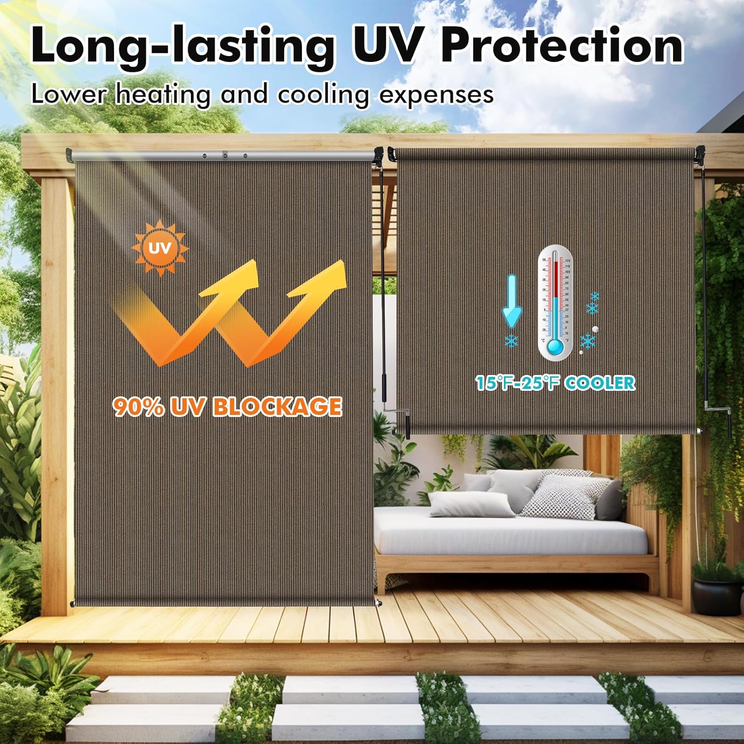 Artpuch Outdoor Roller Shade 8' W x 6' H, Mocha Exterior Cordless Patio Shades Roll Up Blinds with Spliced Pole Design, (2 Poles, One-Piece Fabric)