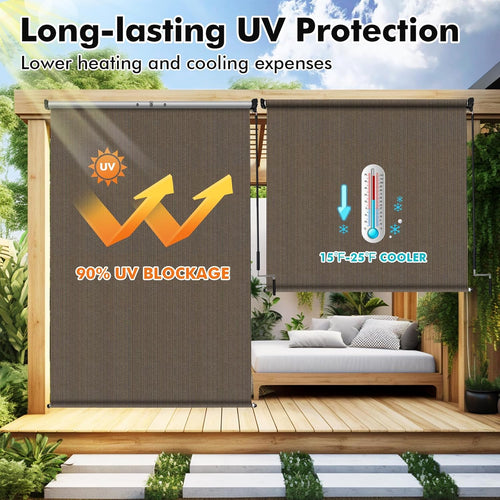 Artpuch Outdoor Roller Shade 8' W x 6' H, Mocha Exterior Cordless Patio Shades Roll Up Blinds with Spliced Pole Design, (2 Poles, One-Piece Fabric)